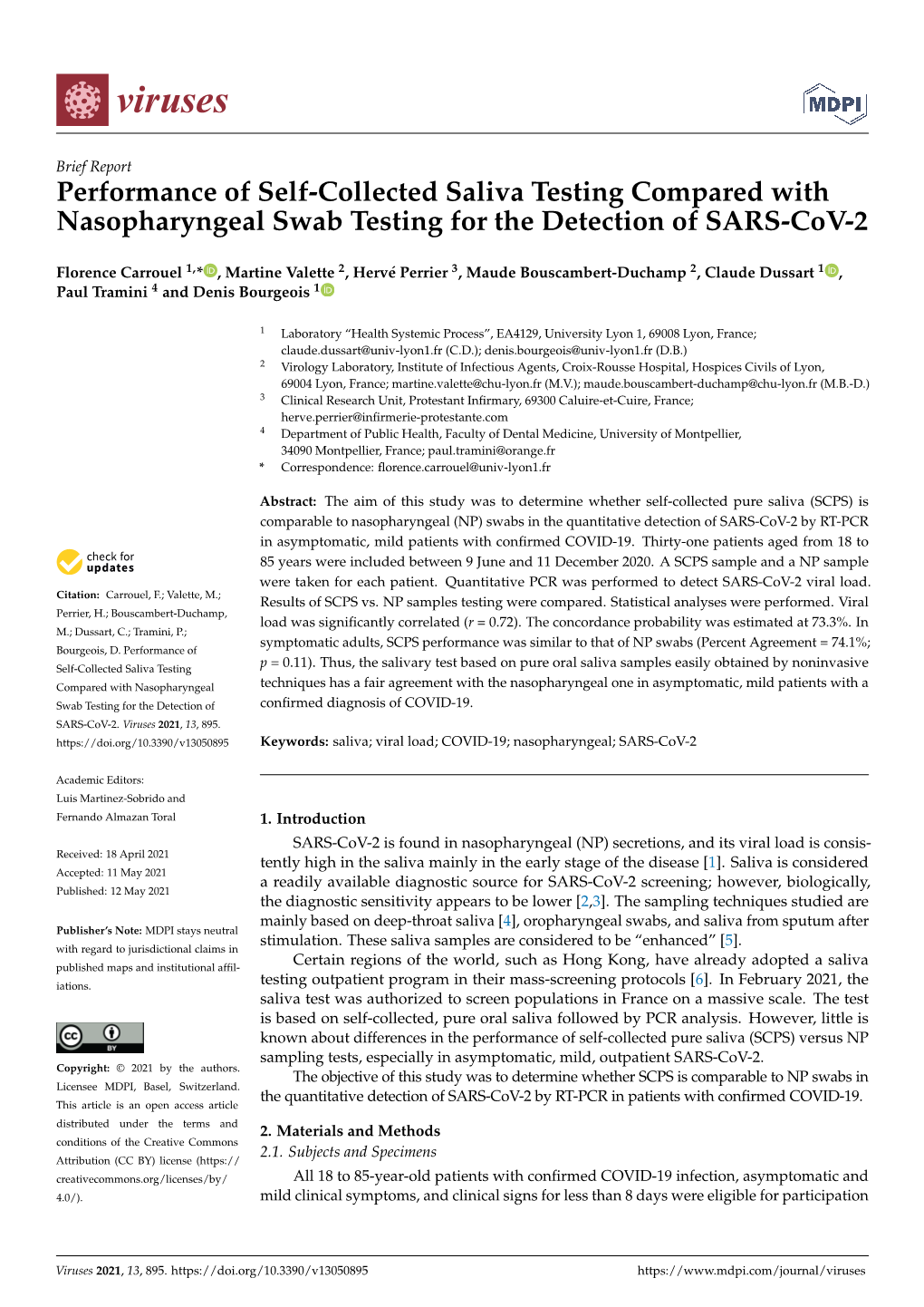 Performance of Self-Collected Saliva Testing Compared with Nasopharyngeal Swab Testing for the Detection of SARS-Cov-2