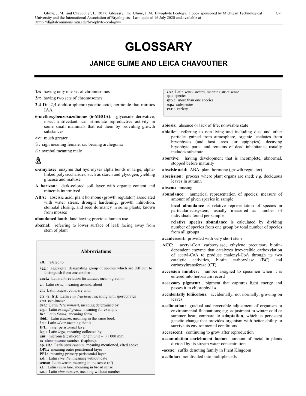 Bryophyte Ecology Glossary