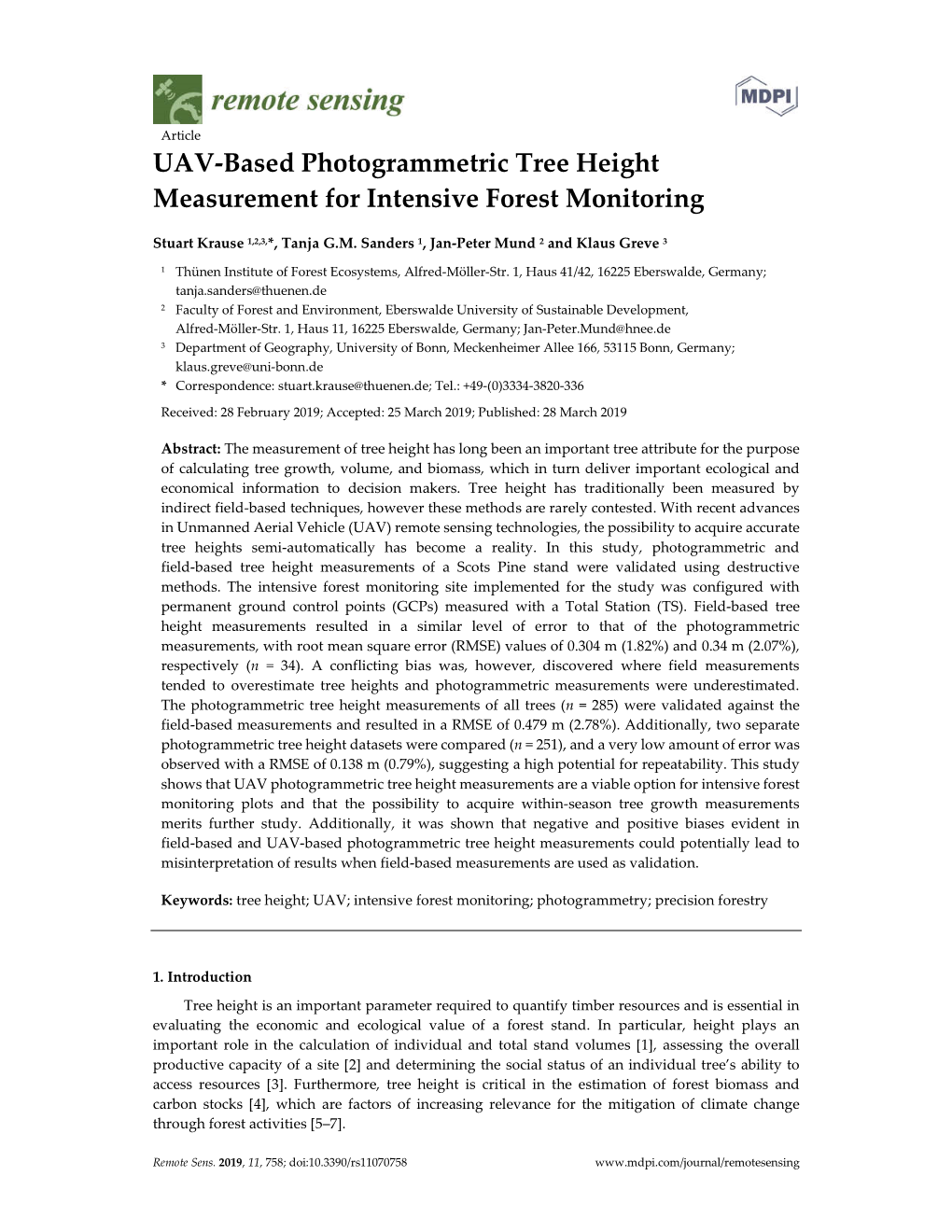 UAV-Based Photogrammetric Tree Height Measurement for Intensive Forest Monitoring