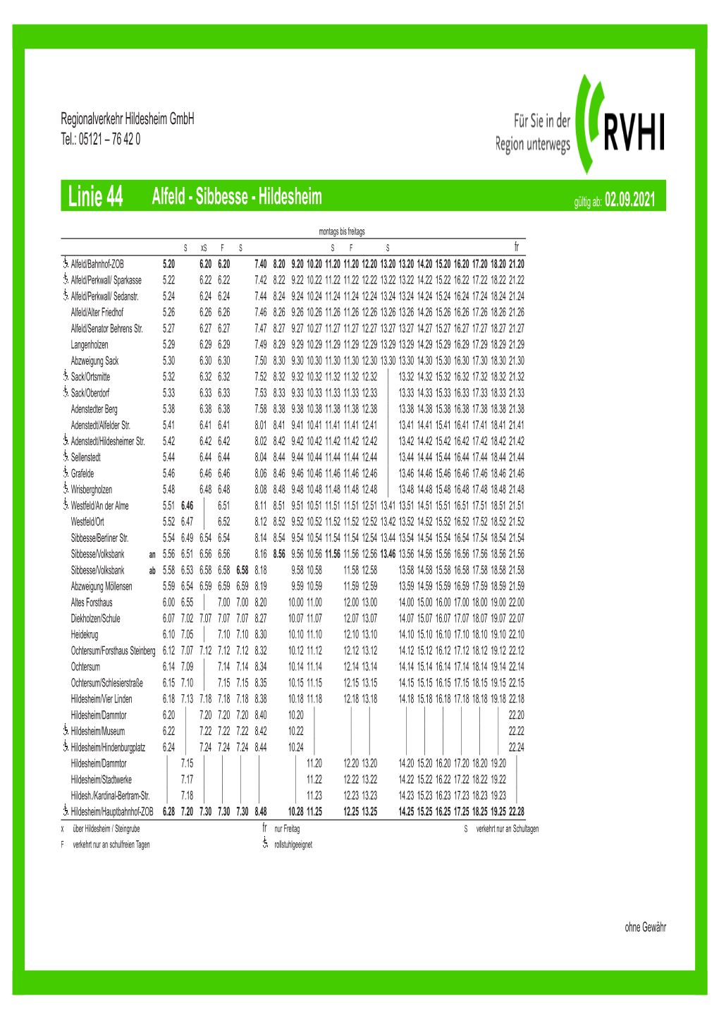 Linie 44 Alfeld - Sibbesse - Hildesheim Guèltig Ab: 02.09.2021