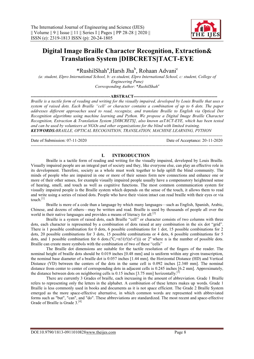 Digital Image Braille Character Recognition, Extraction& Translation System [DIBCRETS]TACT-EYE