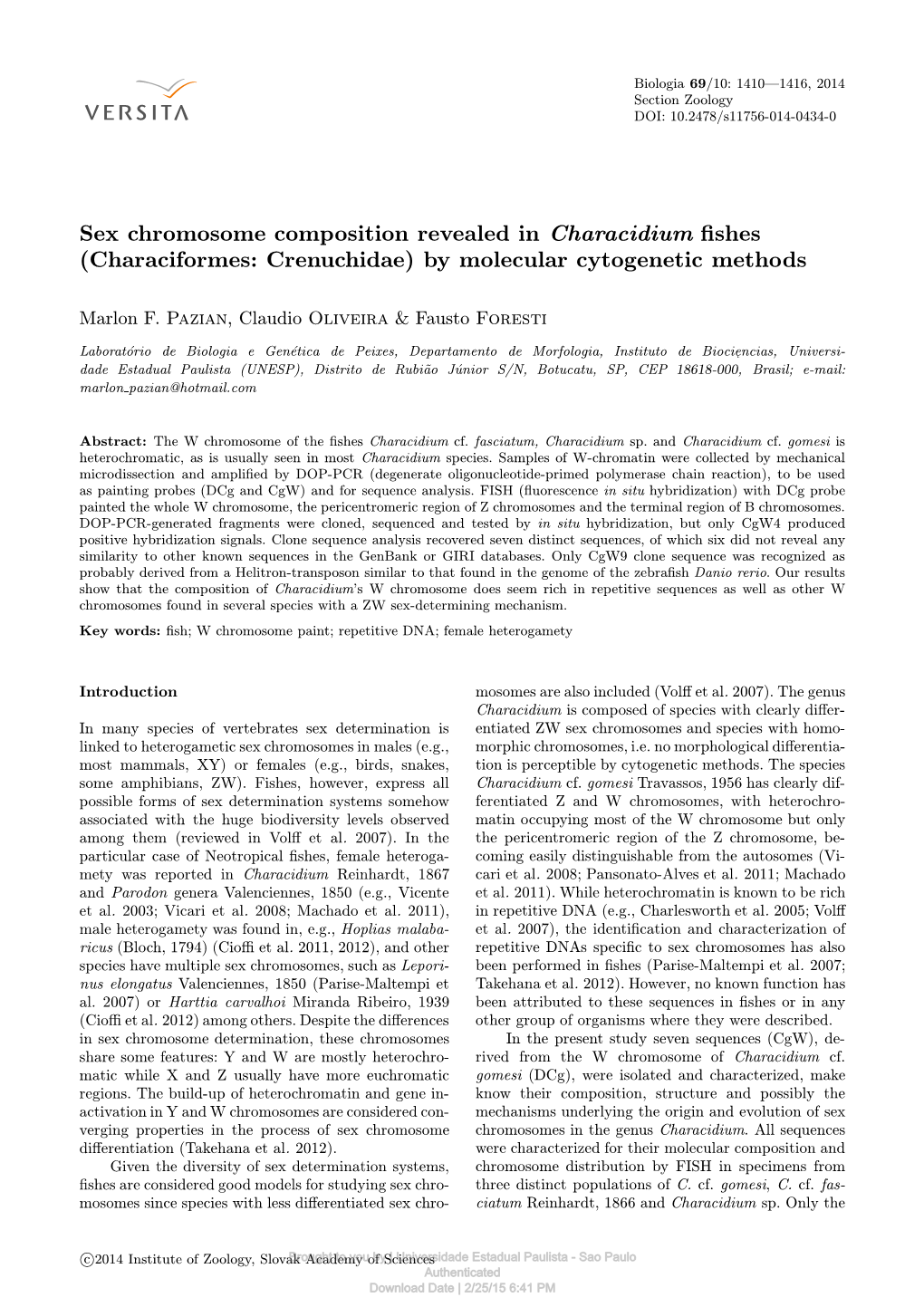 Sex Chromosome Composition Revealed in Characidium Fishes