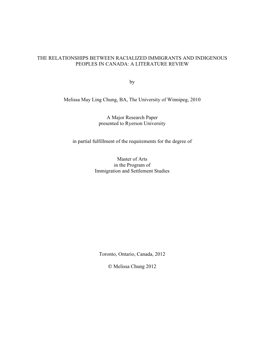 The Relationships Between Racialized Immigrants and Indigenous Peoples in Canada: a Literature Review