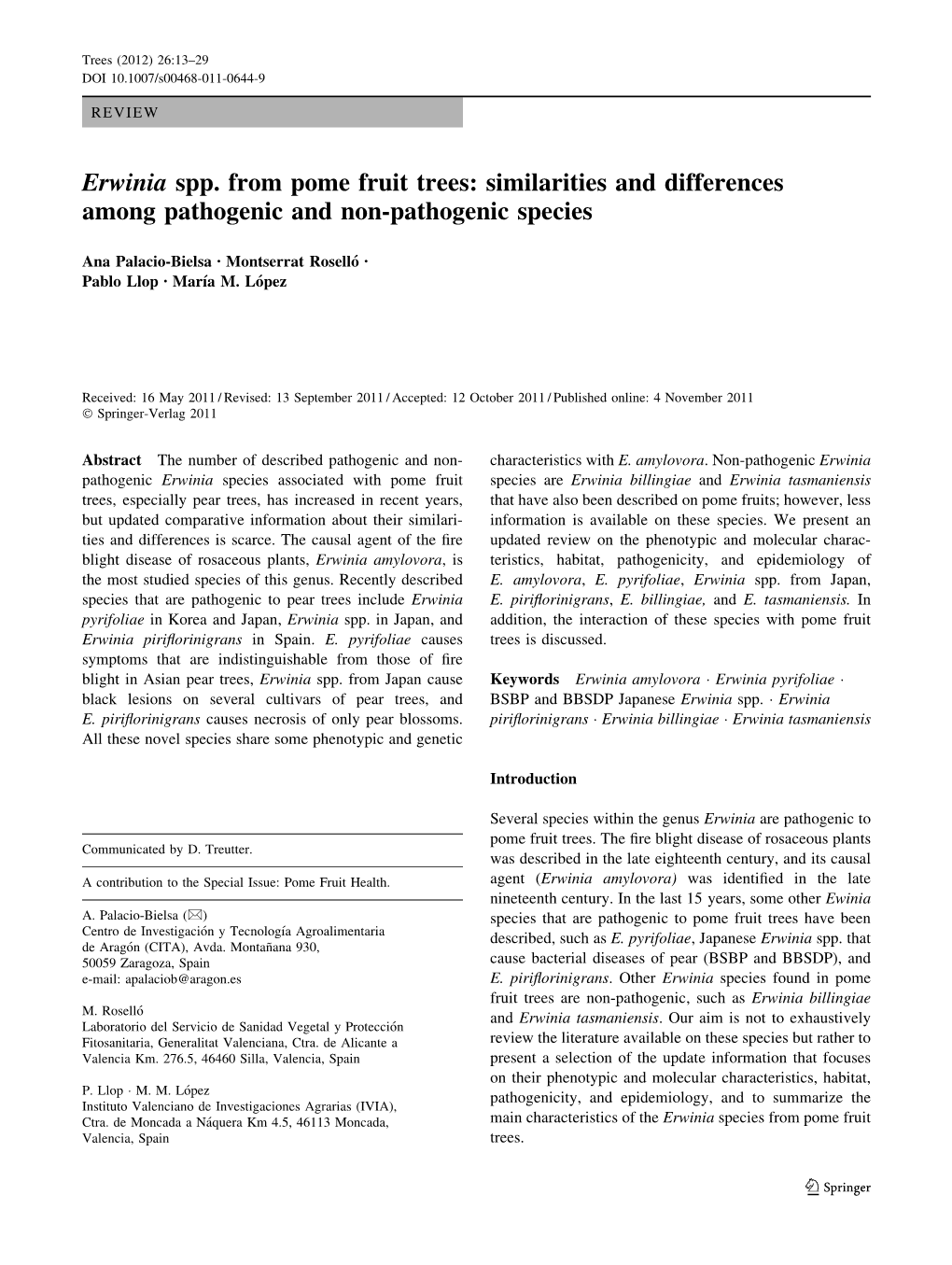 Erwinia Spp. from Pome Fruit Trees: Similarities and Differences Among Pathogenic and Non-Pathogenic Species