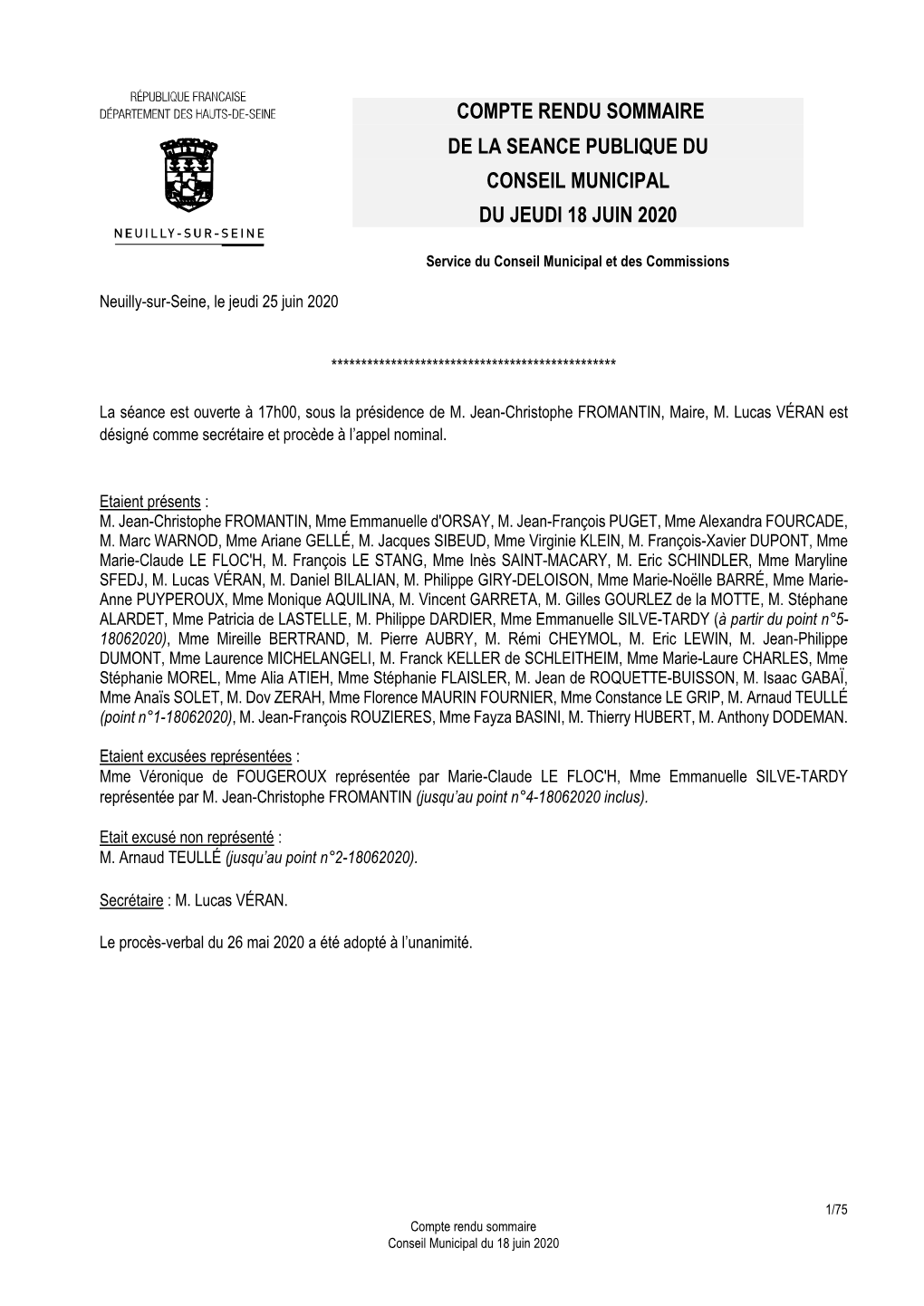 Compte Rendu Sommaire De La Seance Publique Du Conseil Municipal Du Jeudi 18 Juin 2020