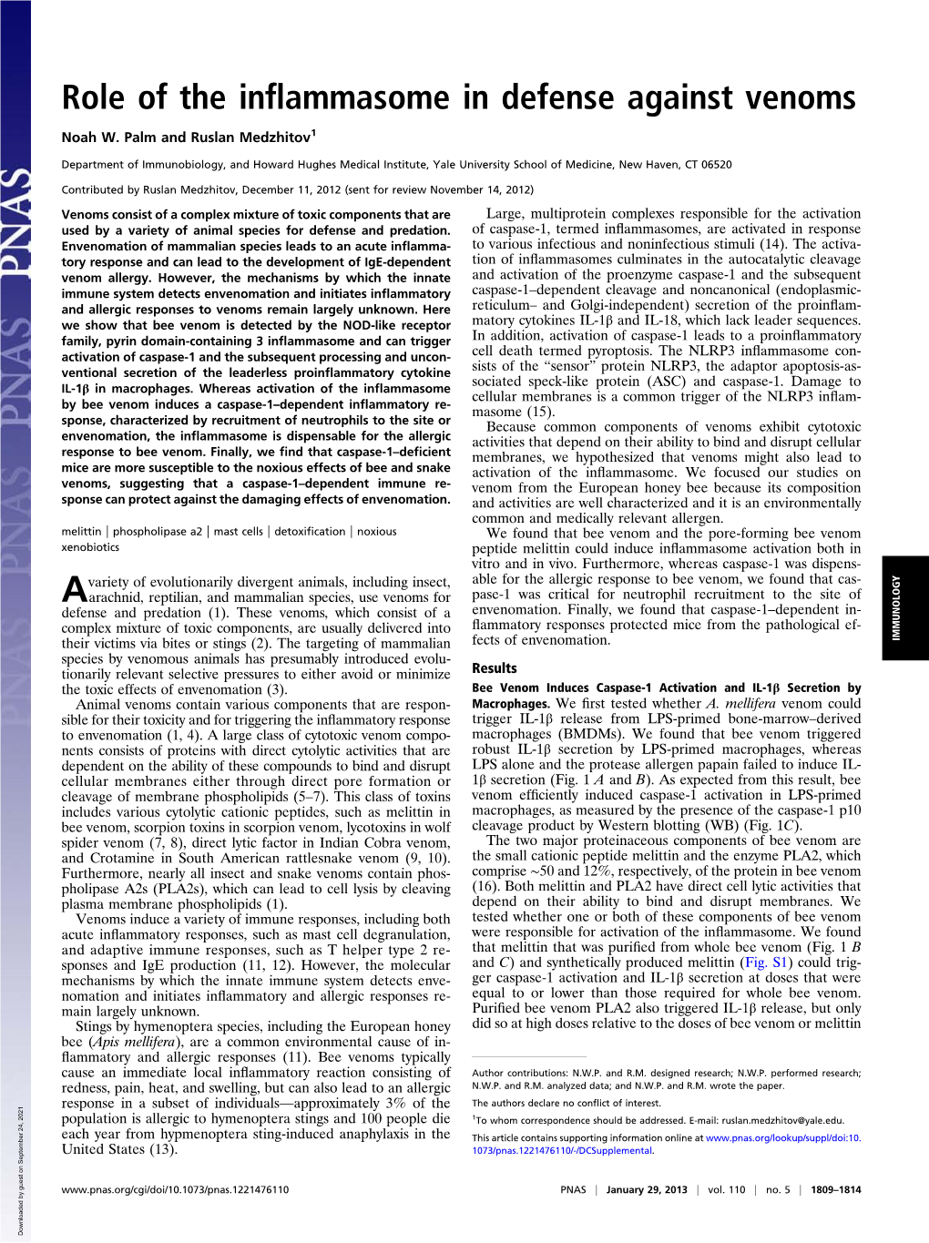 Role of the Inflammasome in Defense Against Venoms