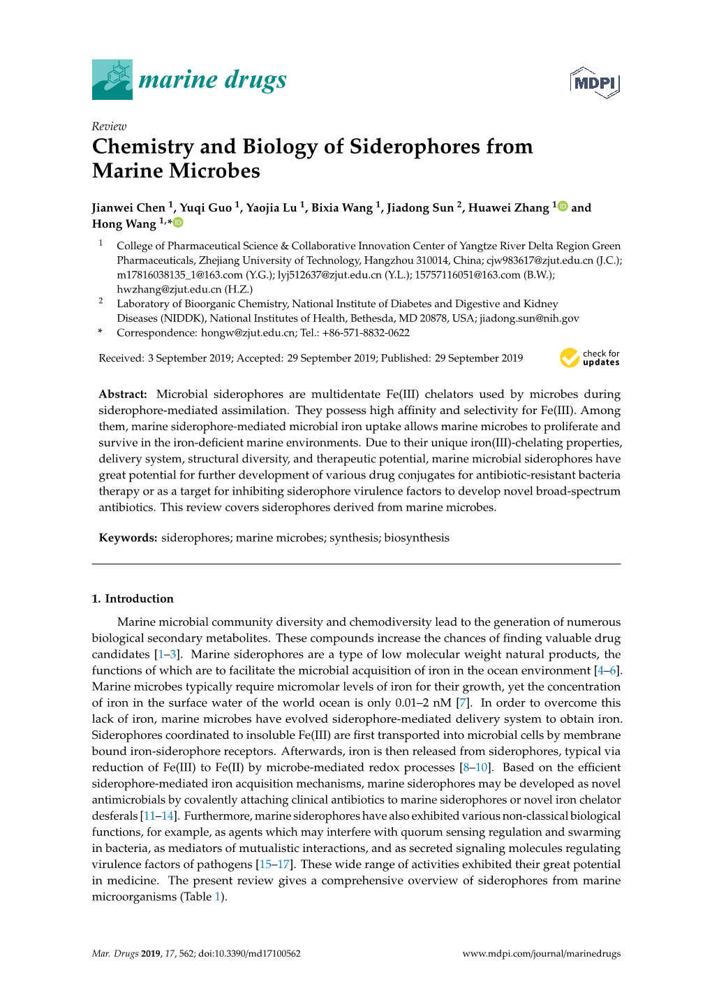 Chemistry and Biology of Siderophores from Marine Microbes