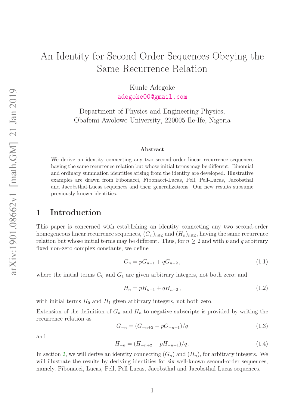 An Identity for Second Order Sequences Obeying the Same