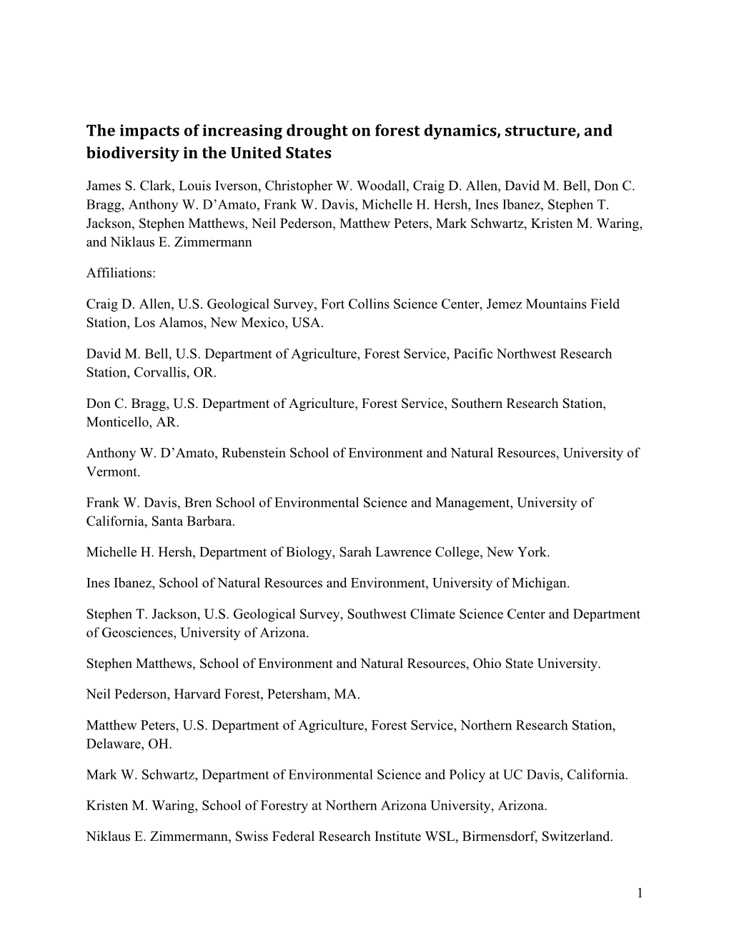 The Impacts of Increasing Drought on Forest Dynamics, Structure, and Biodiversity in the United States