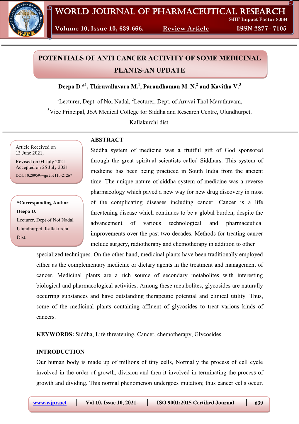 World Journal of Pharmaceutical Research Deepa Et Al