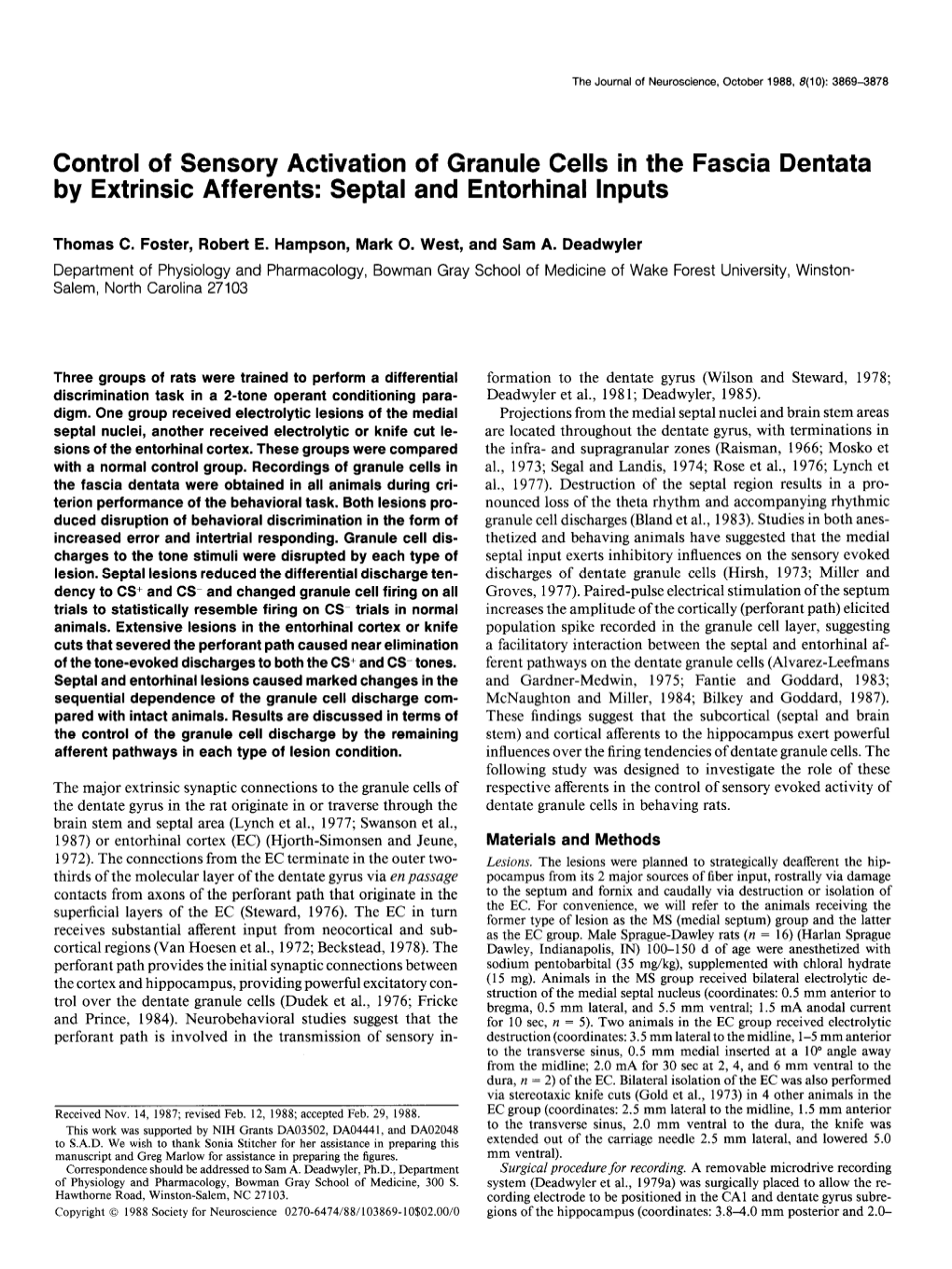Control of Sensory Activation of Granule Cells in the Fascia Dentata by Extrinsic Afferents: Septal and Entorhinal Inputs