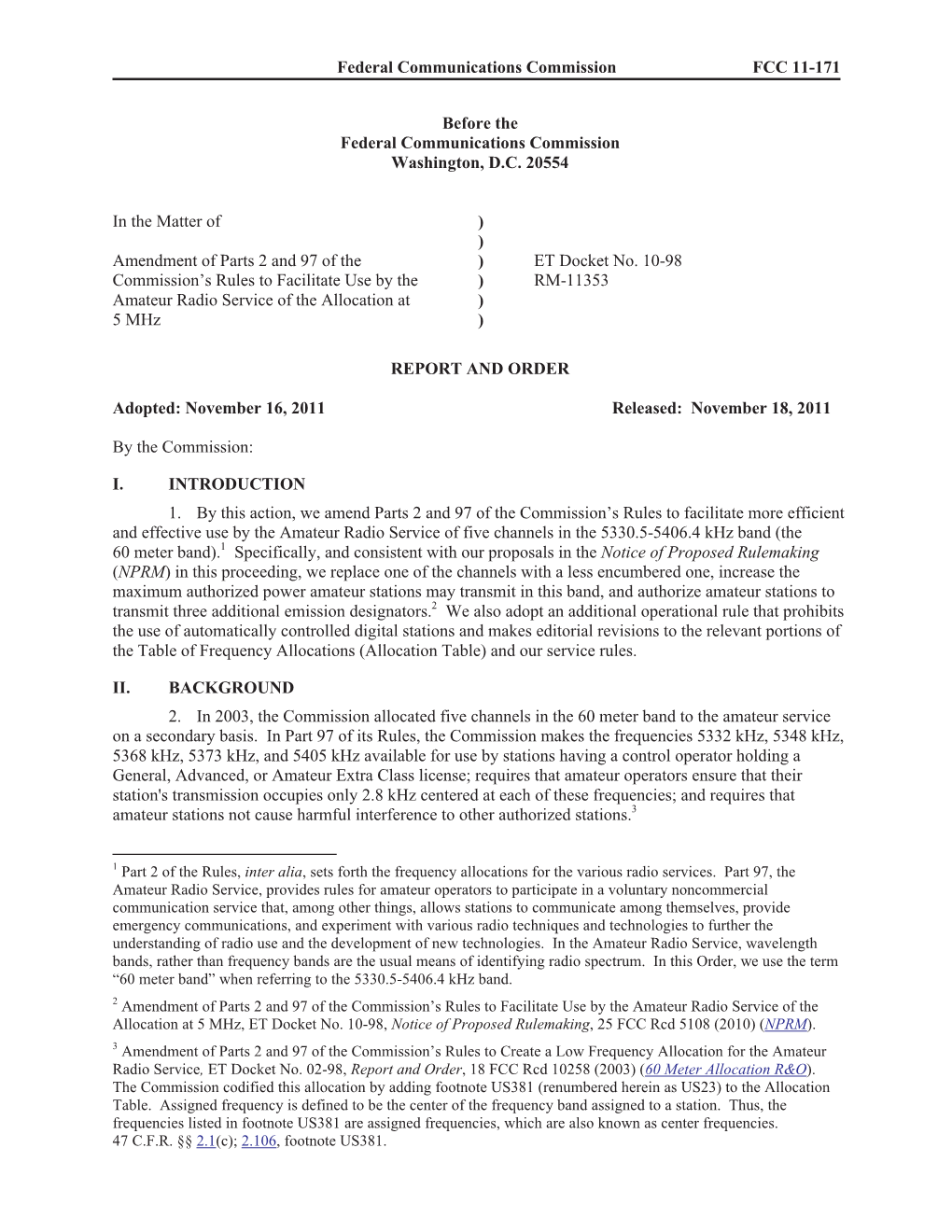 Federal Communications Commission FCC 11-171 Before the Federal