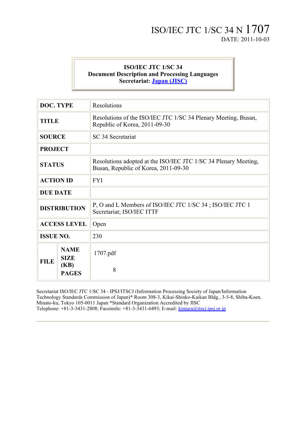 Iso/Iec Jtc 1/Sc 34 N 1707 Date: 2011-10-03