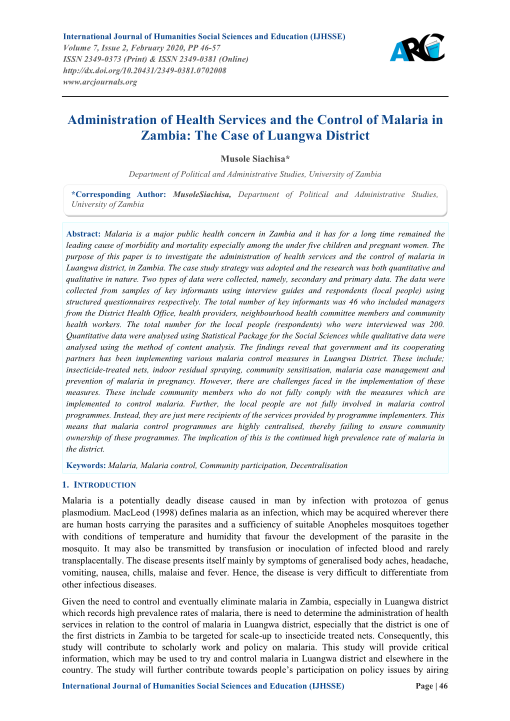 Administration of Health Services and the Control of Malaria in Zambia: the Case of Luangwa District