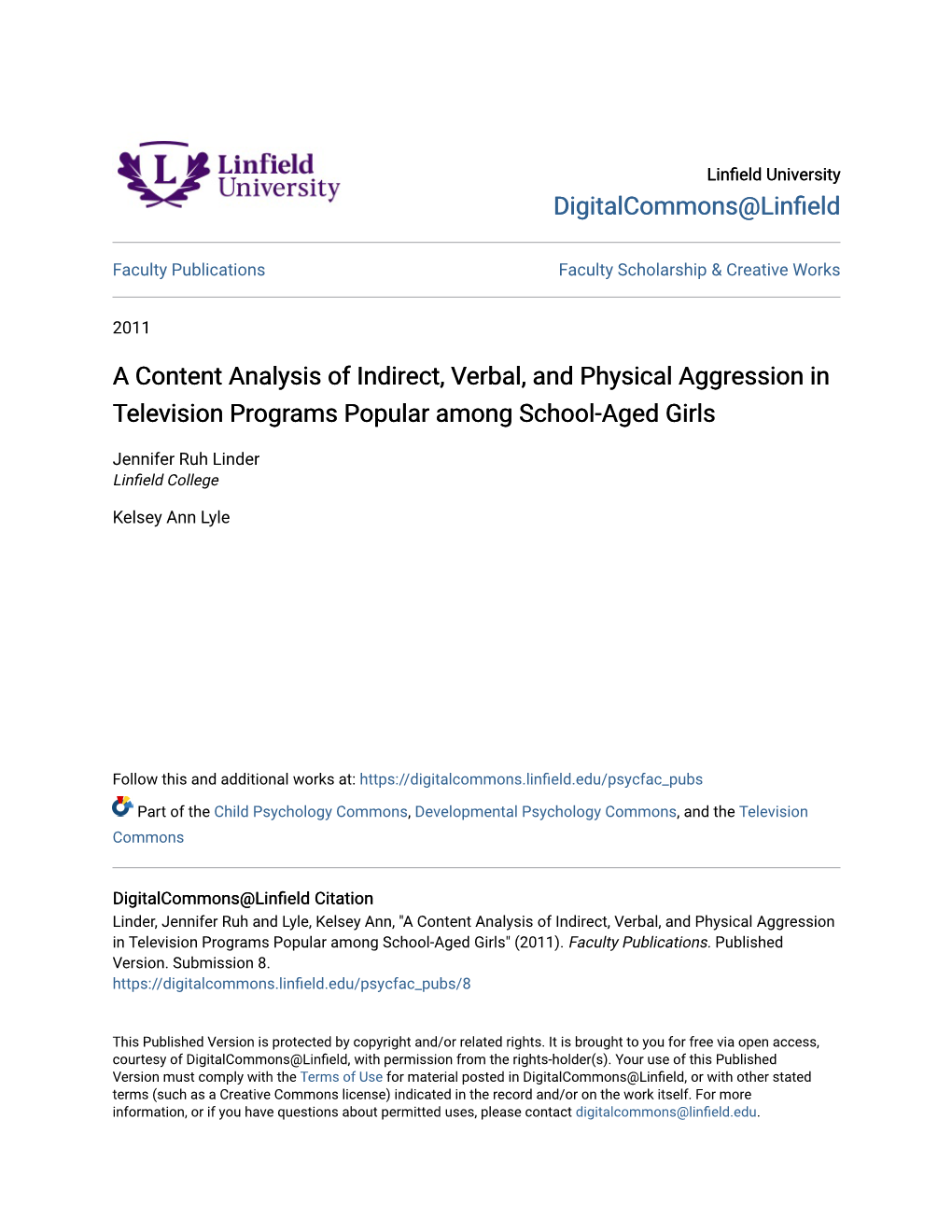 A Content Analysis of Indirect, Verbal, and Physical Aggression in Television Programs Popular Among School-Aged Girls