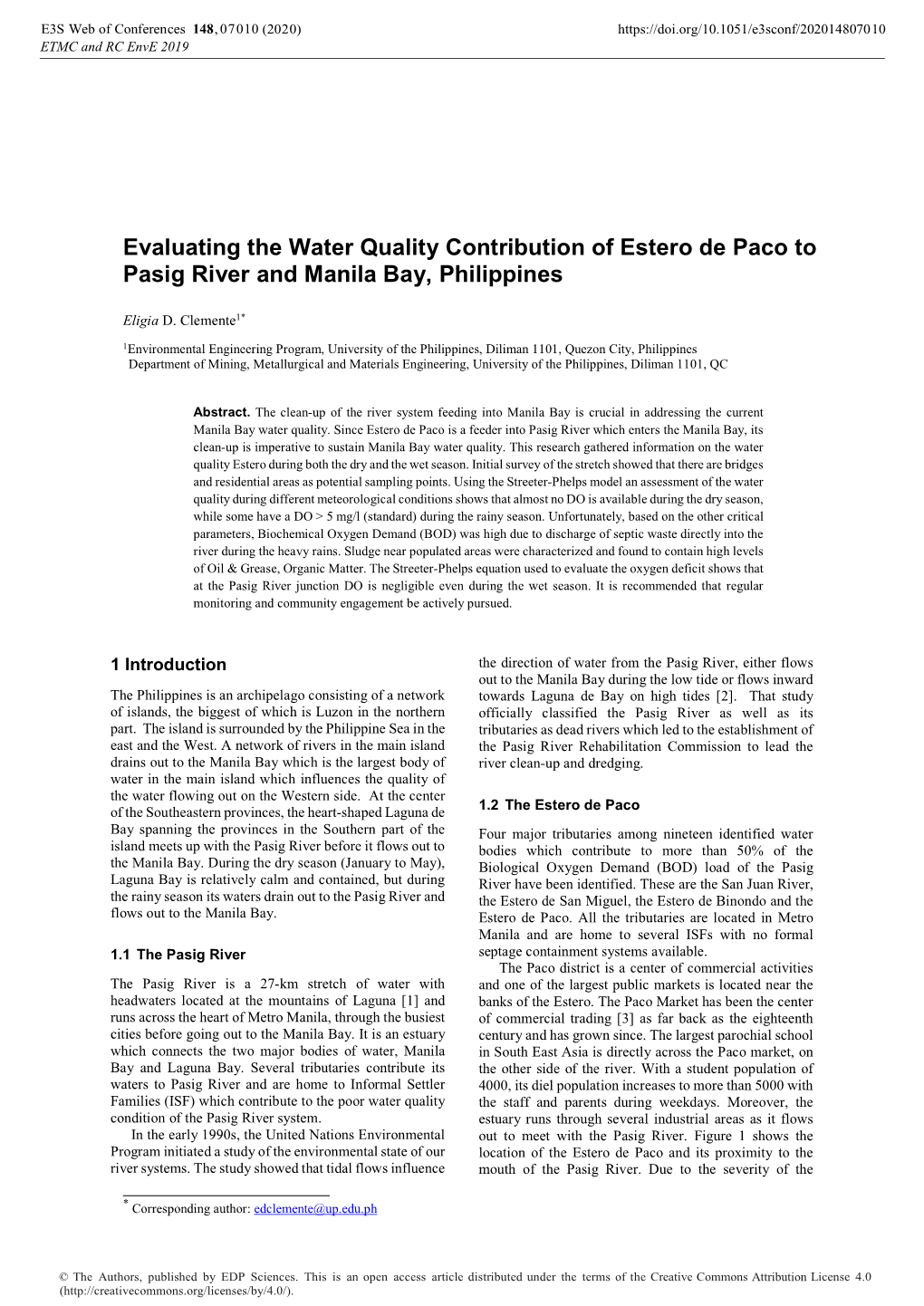 Evaluating the Water Quality Contribution of Estero De Paco to Pasig River and Manila Bay, Philippines