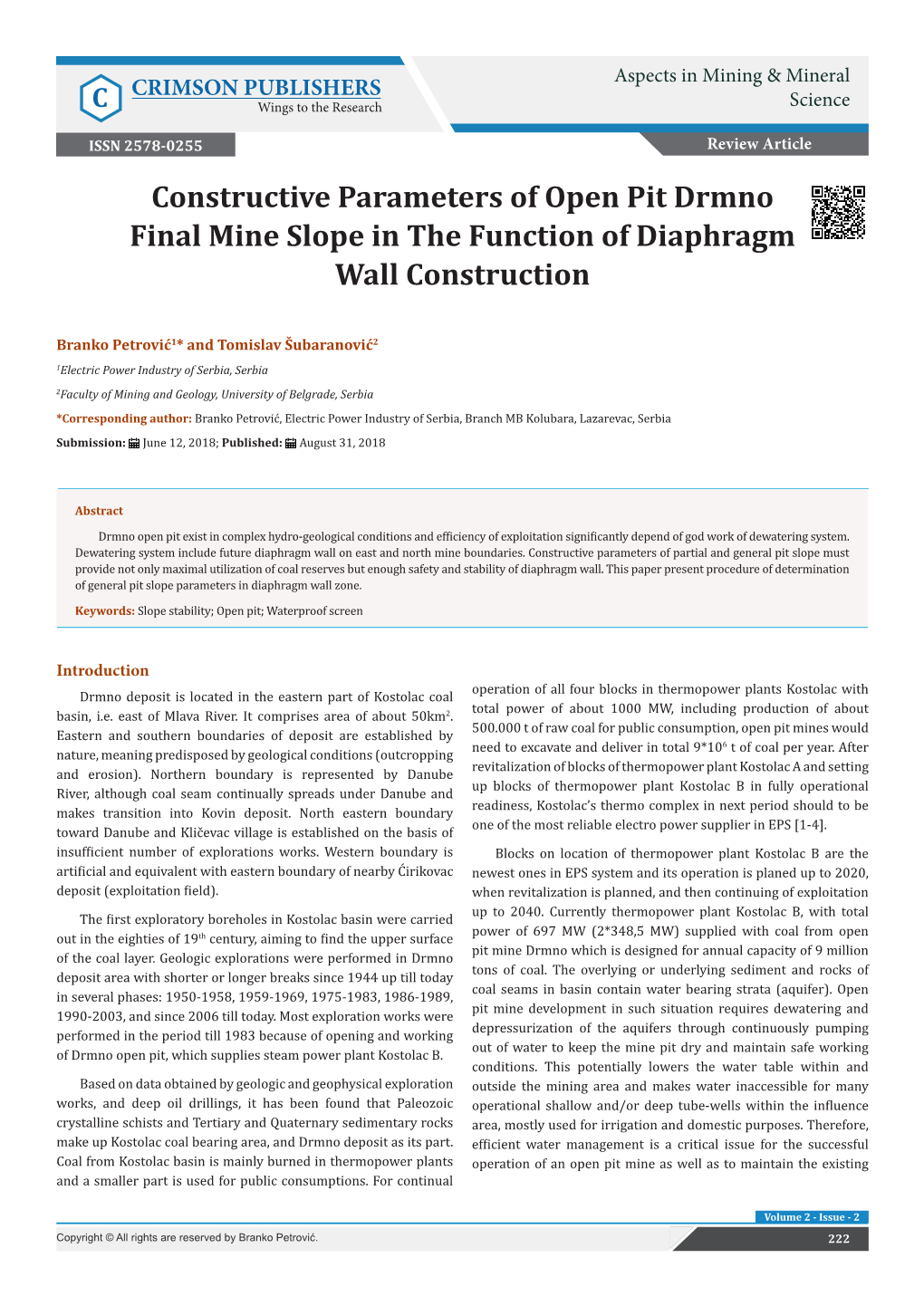 Constructive Parameters of Open Pit Drmno Final Mine Slope in the Function of Diaphragm Wall Construction