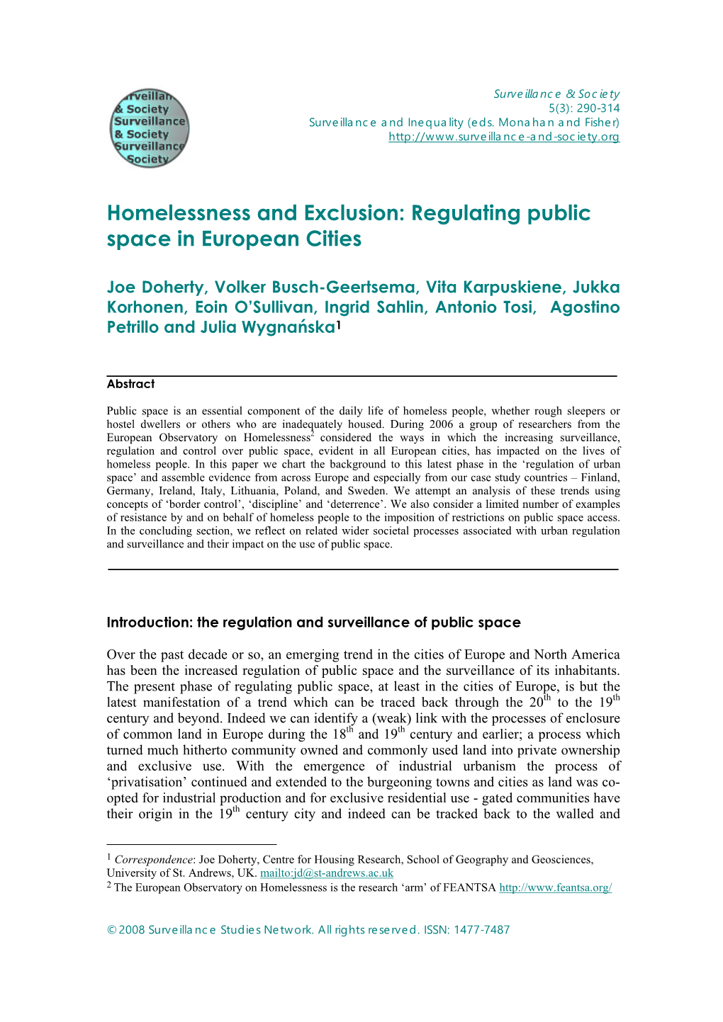 Regulating Public Space in European Cities
