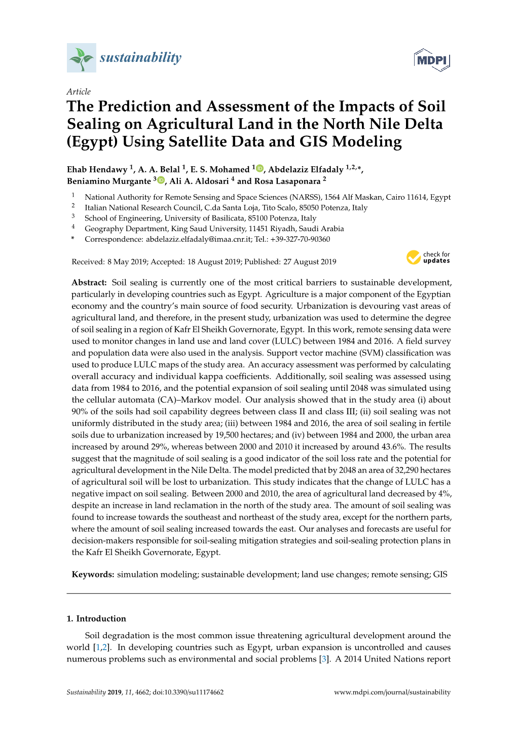 The Prediction and Assessment of the Impacts of Soil Sealing on Agricultural Land in the North Nile Delta (Egypt) Using Satellite Data and GIS Modeling