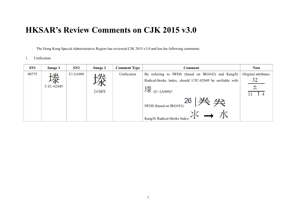 HKSAR's Review Comments on CJK 2015 V3.0