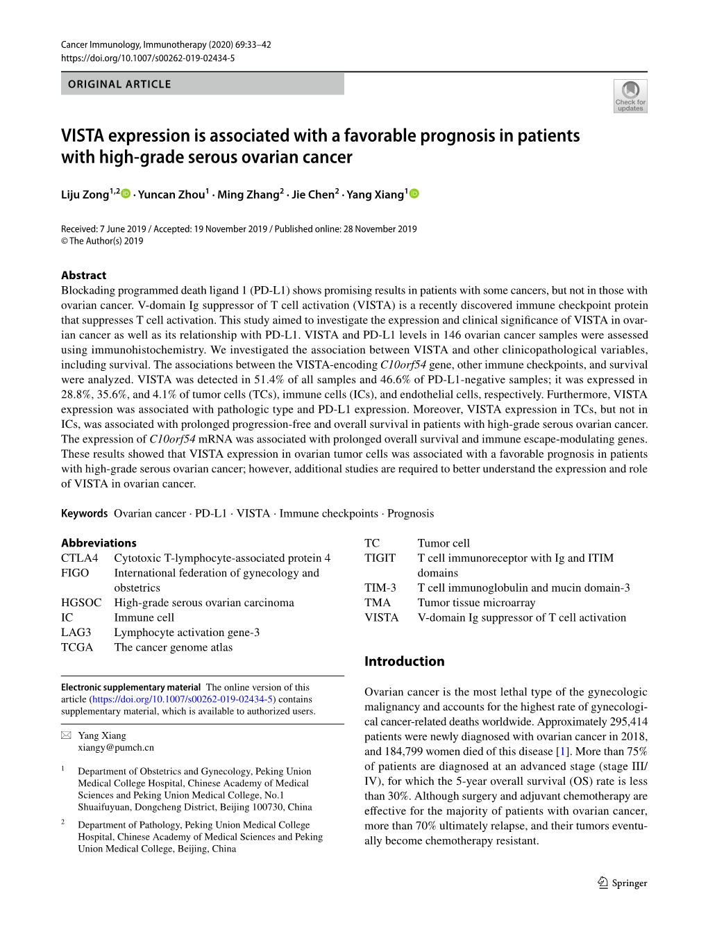 VISTA Expression Is Associated with a Favorable Prognosis in Patients with High-Grade Serous Ovarian Cancer