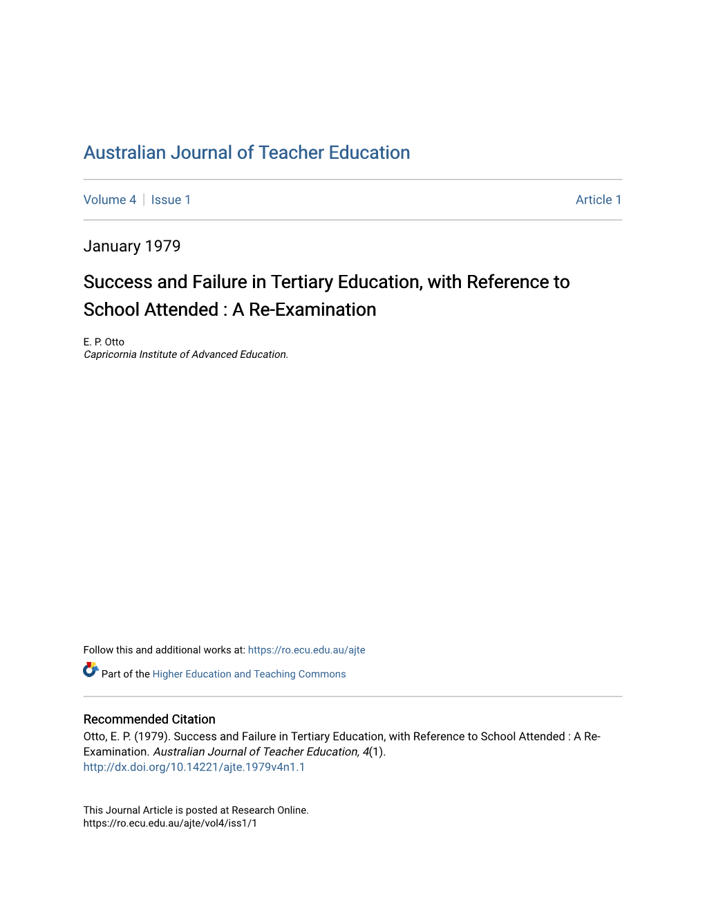 Success and Failure in Tertiary Education, with Reference to School Attended : a Re-Examination