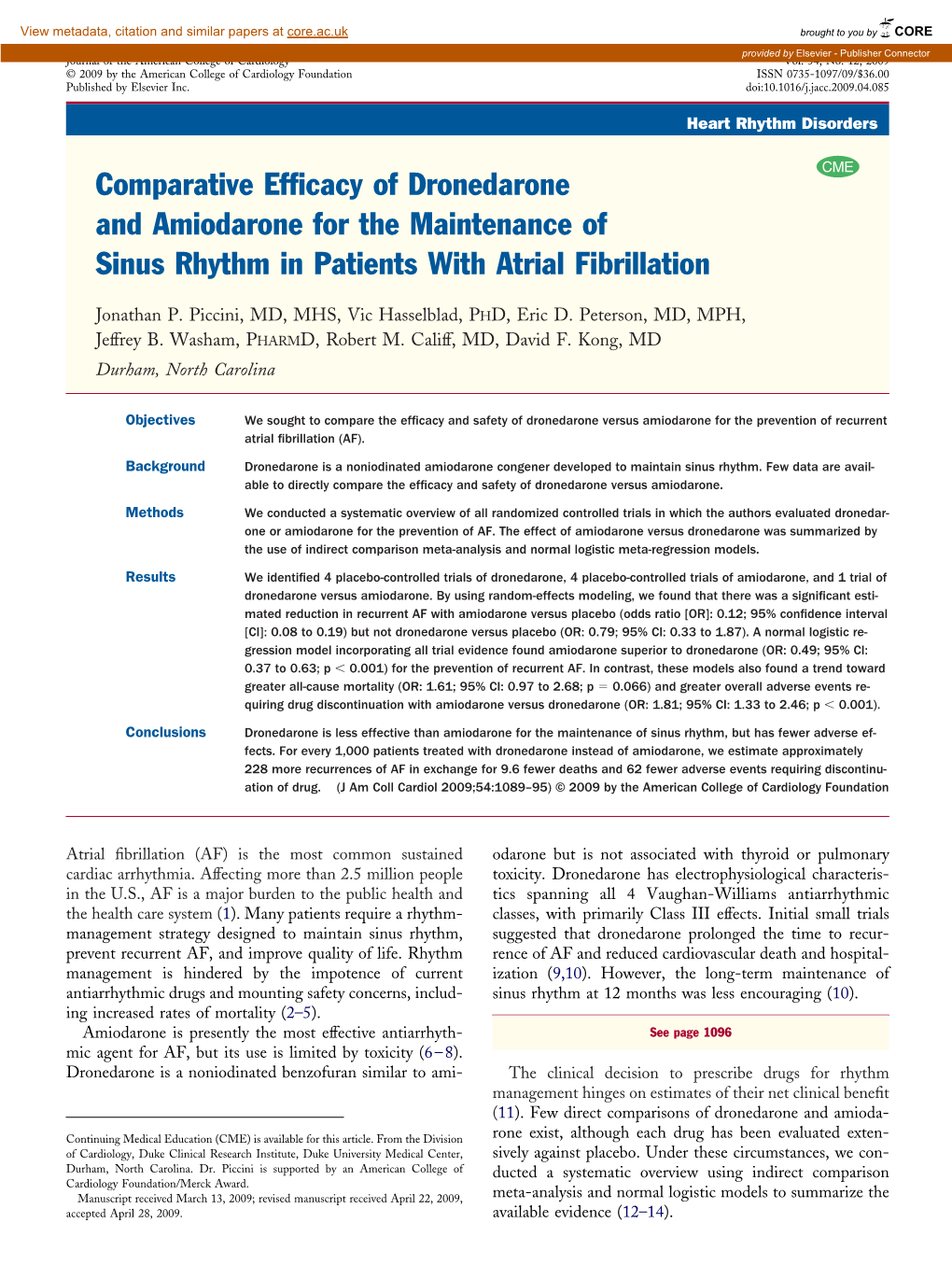 Comparative Efficacy of Dronedarone and Amiodarone for The