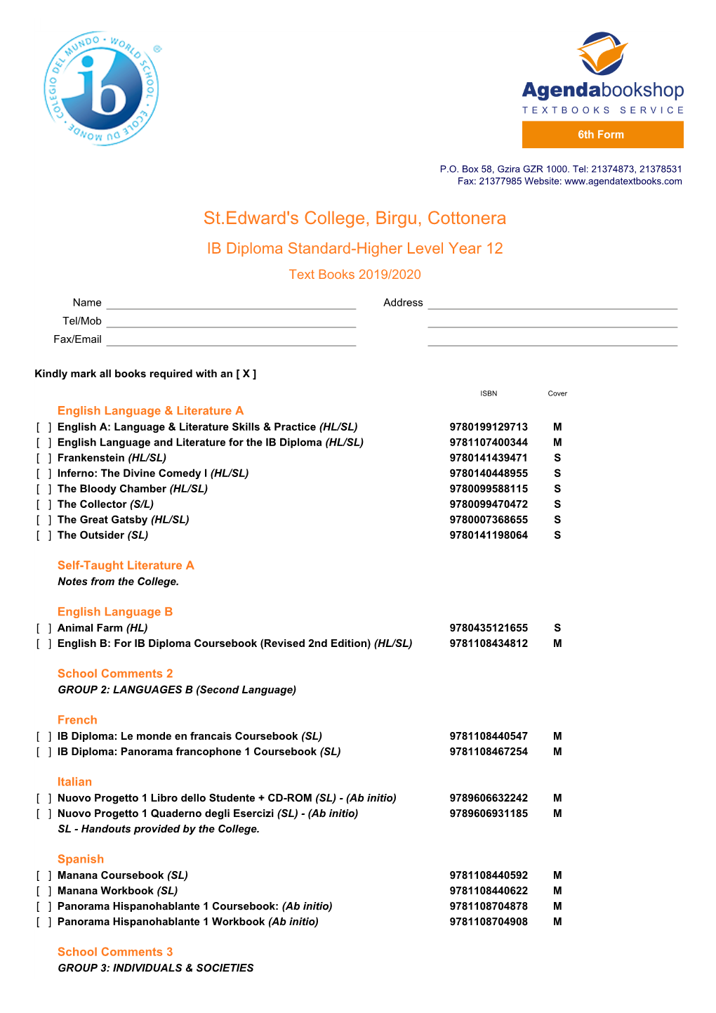 St.Edward's College, Birgu, Cottonera IB Diploma Standard-Higher Level Year 12 Text Books 2019/2020