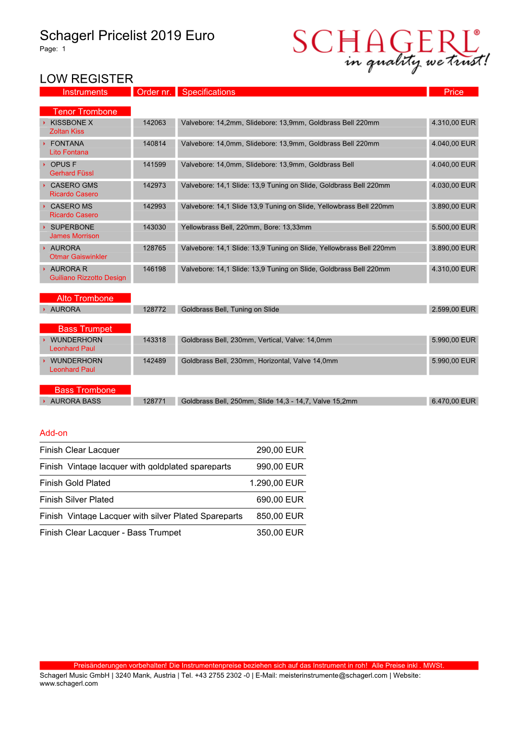 Schagerl Pricelist 2019 Euro Page: 1