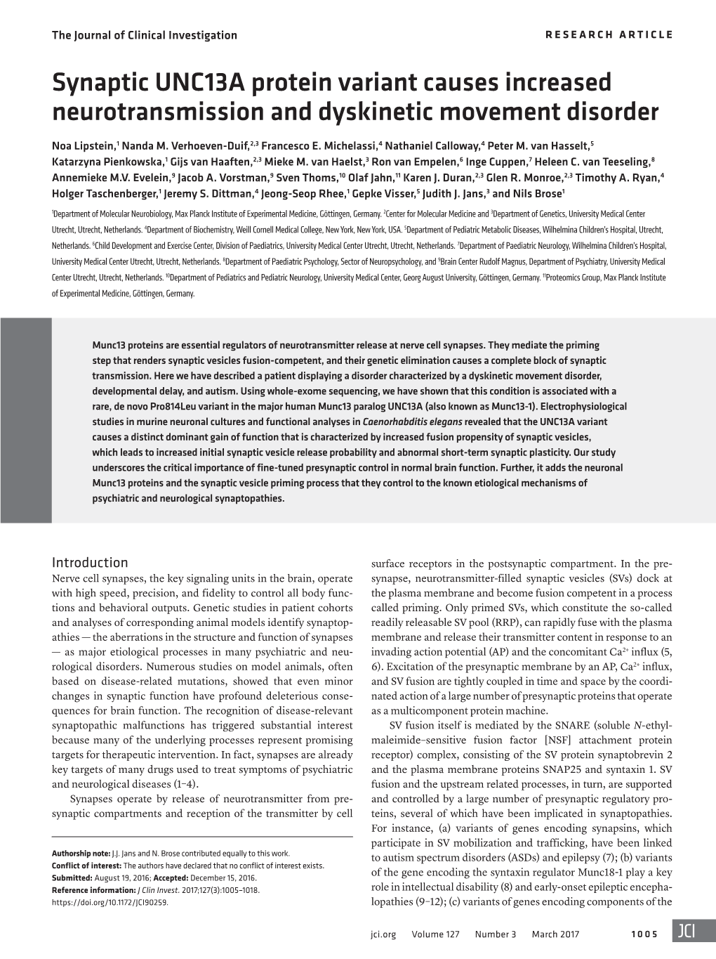 Synaptic UNC13A Protein Variant Causes Increased Neurotransmission and Dyskinetic Movement Disorder