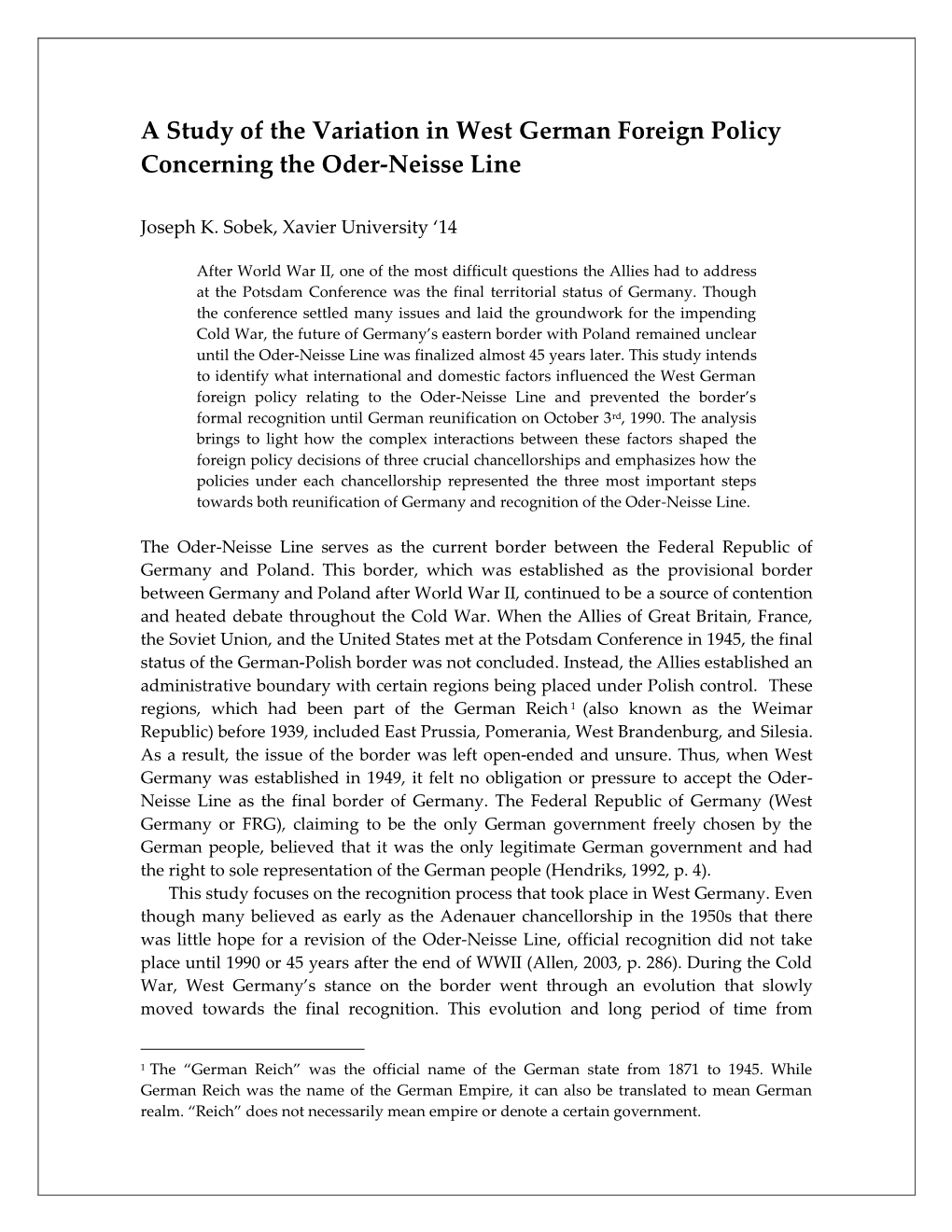 A Study of the Variation in West German Foreign Policy Concerning the Oder-Neisse Line