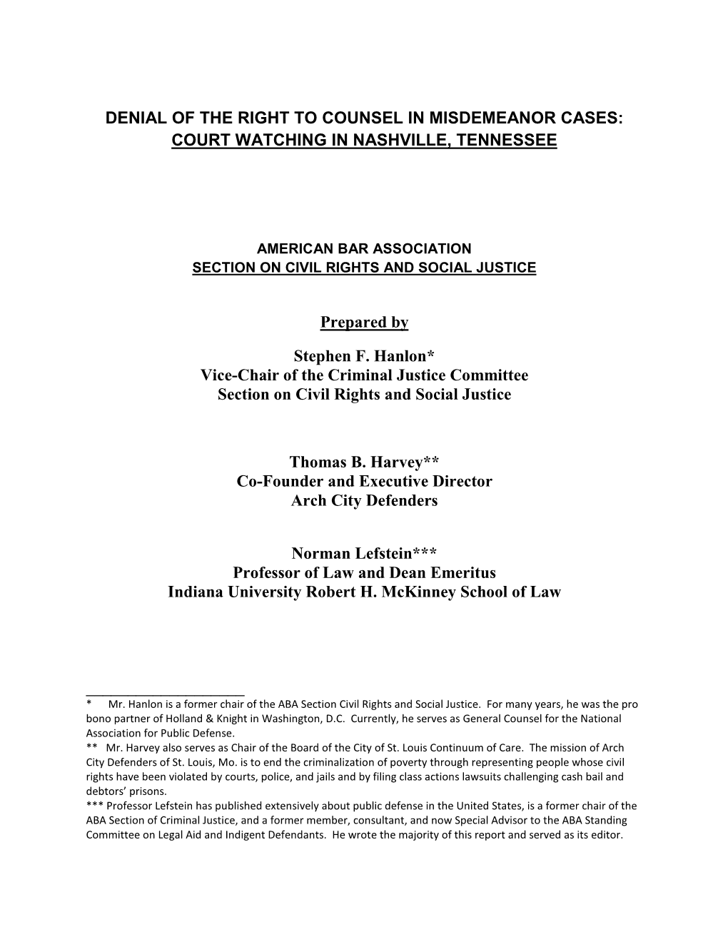 Denial of the Right to Counsel in Misdemeanor Cases: Court Watching in Nashville, Tennessee