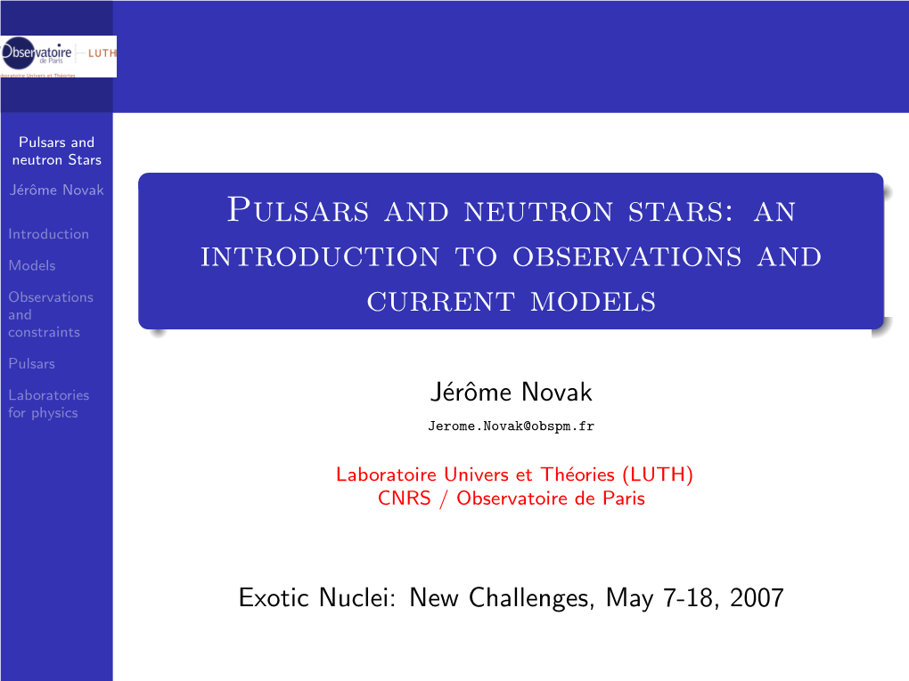 Pulsars and Neutron Stars