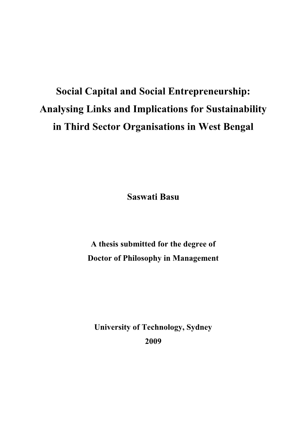 Social Capital and Social Entrepreneurship: Analysing Links and Implications for Sustainability in Third Sector Organisations in West Bengal