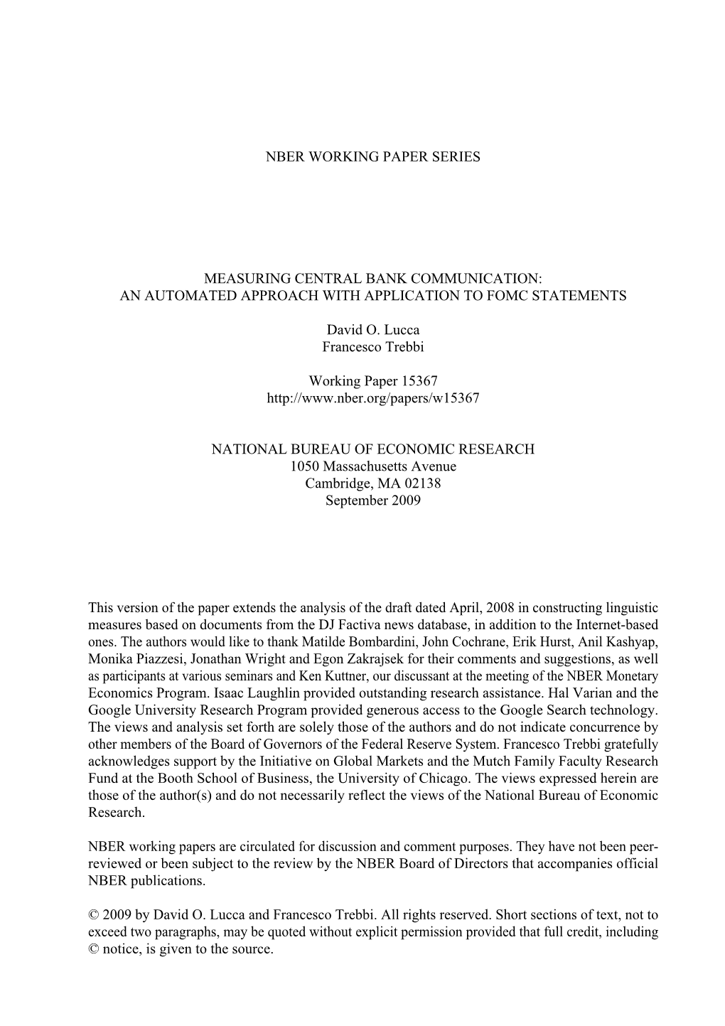 Nber Working Paper Series Measuring Central Bank