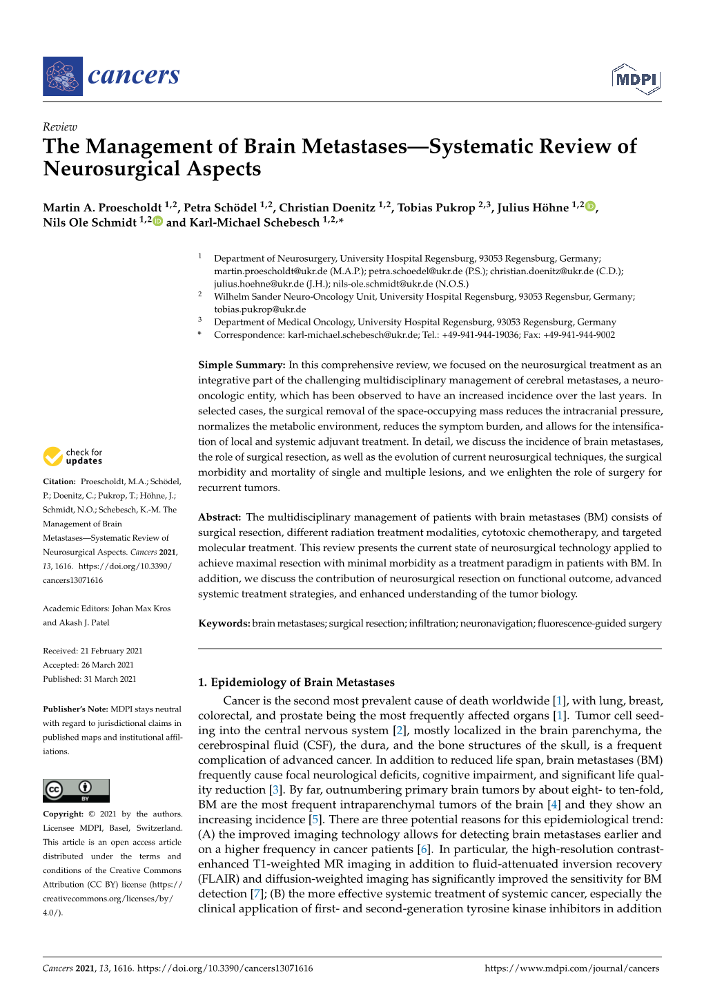 The Management of Brain Metastases—Systematic Review of Neurosurgical Aspects