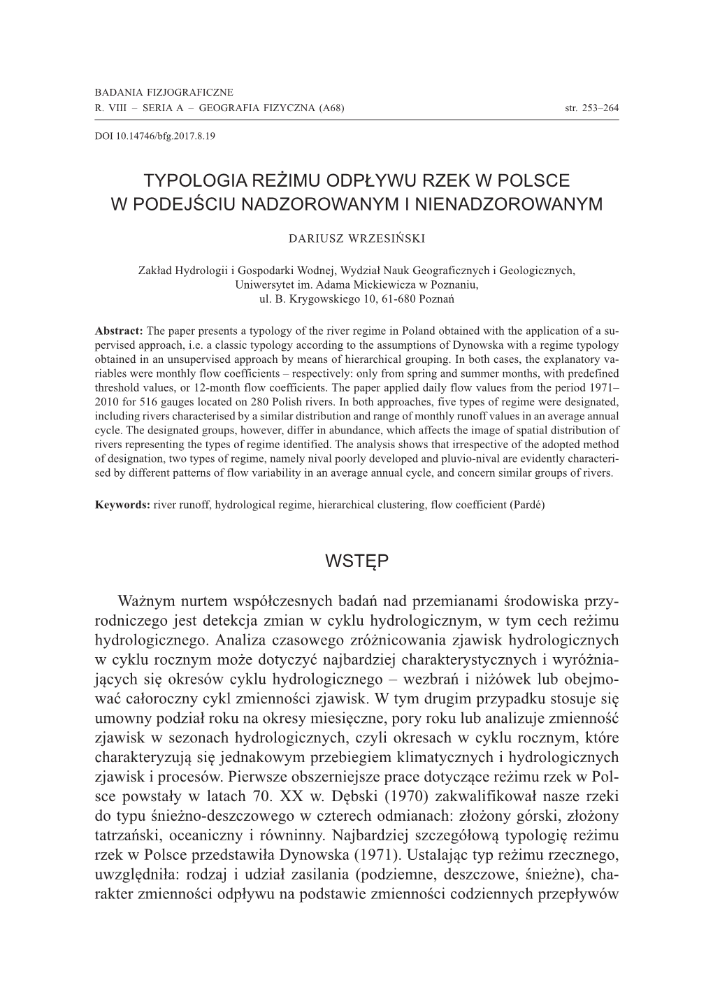 Typologia Reżimu Odpływu Rzek W Polsce W Podejściu Nadzorowanym I Nienadzorowanym