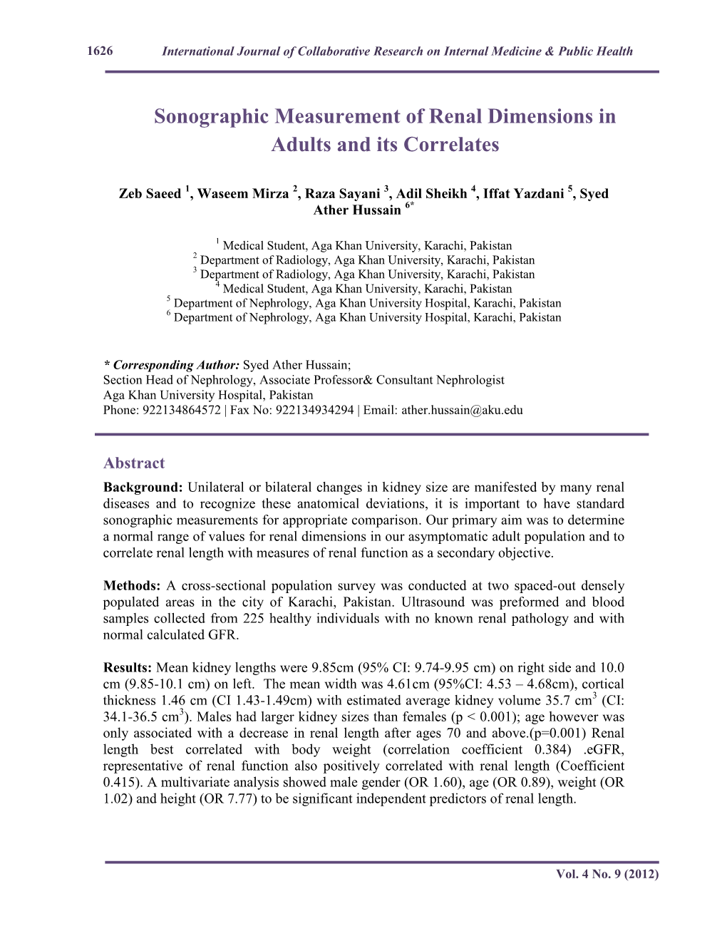 Sonographic Measurement of Renal Dimensions in Adults and Its Correlates