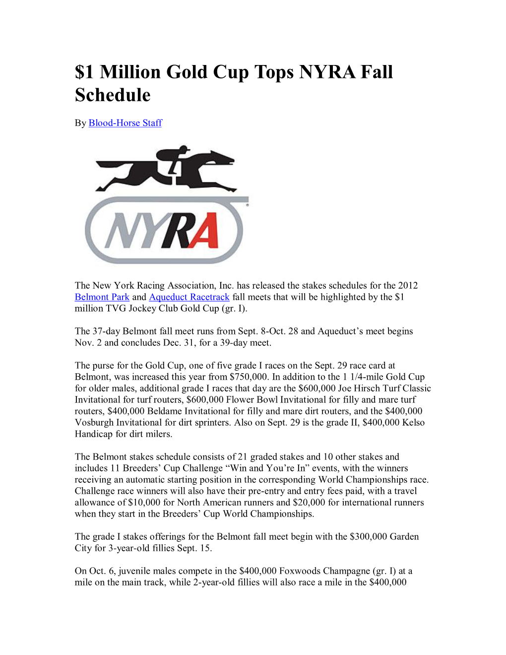 $1 Million Gold Cup Tops NYRA Fall Schedule