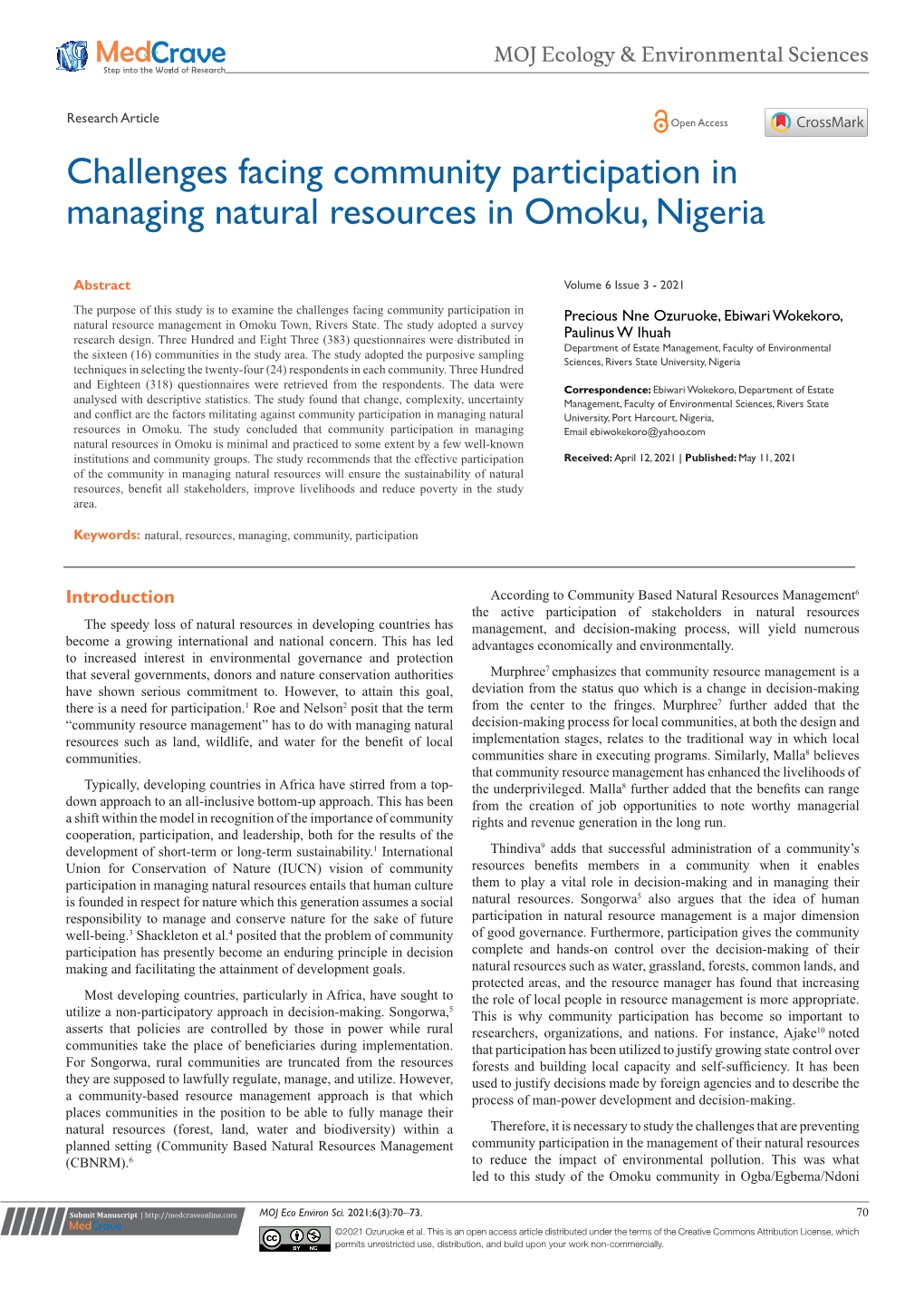 Challenges Facing Community Participation in Managing Natural Resources in Omoku, Nigeria