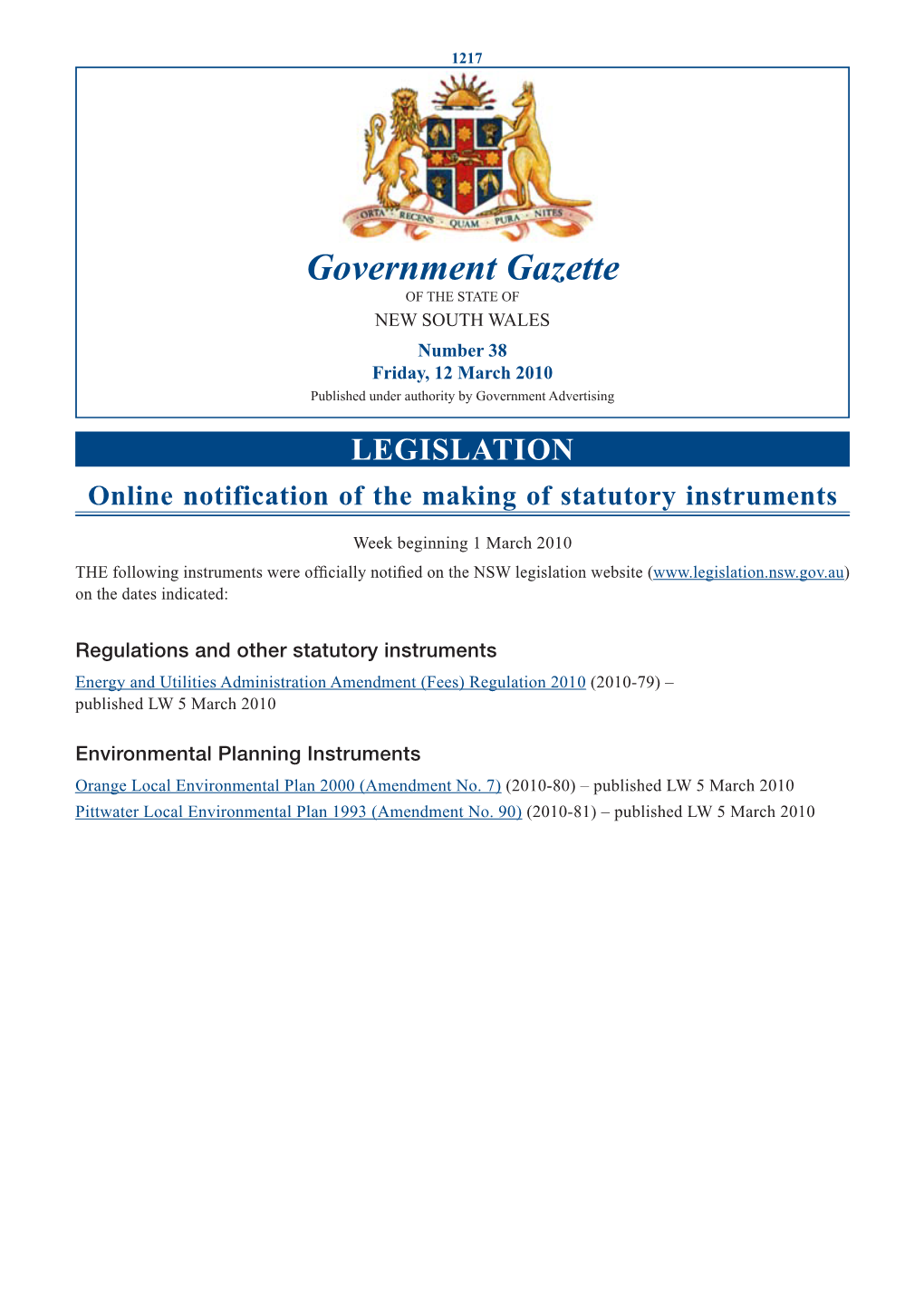 Government Gazette of the STATE of NEW SOUTH WALES Number 38 Friday, 12 March 2010 Published Under Authority by Government Advertising