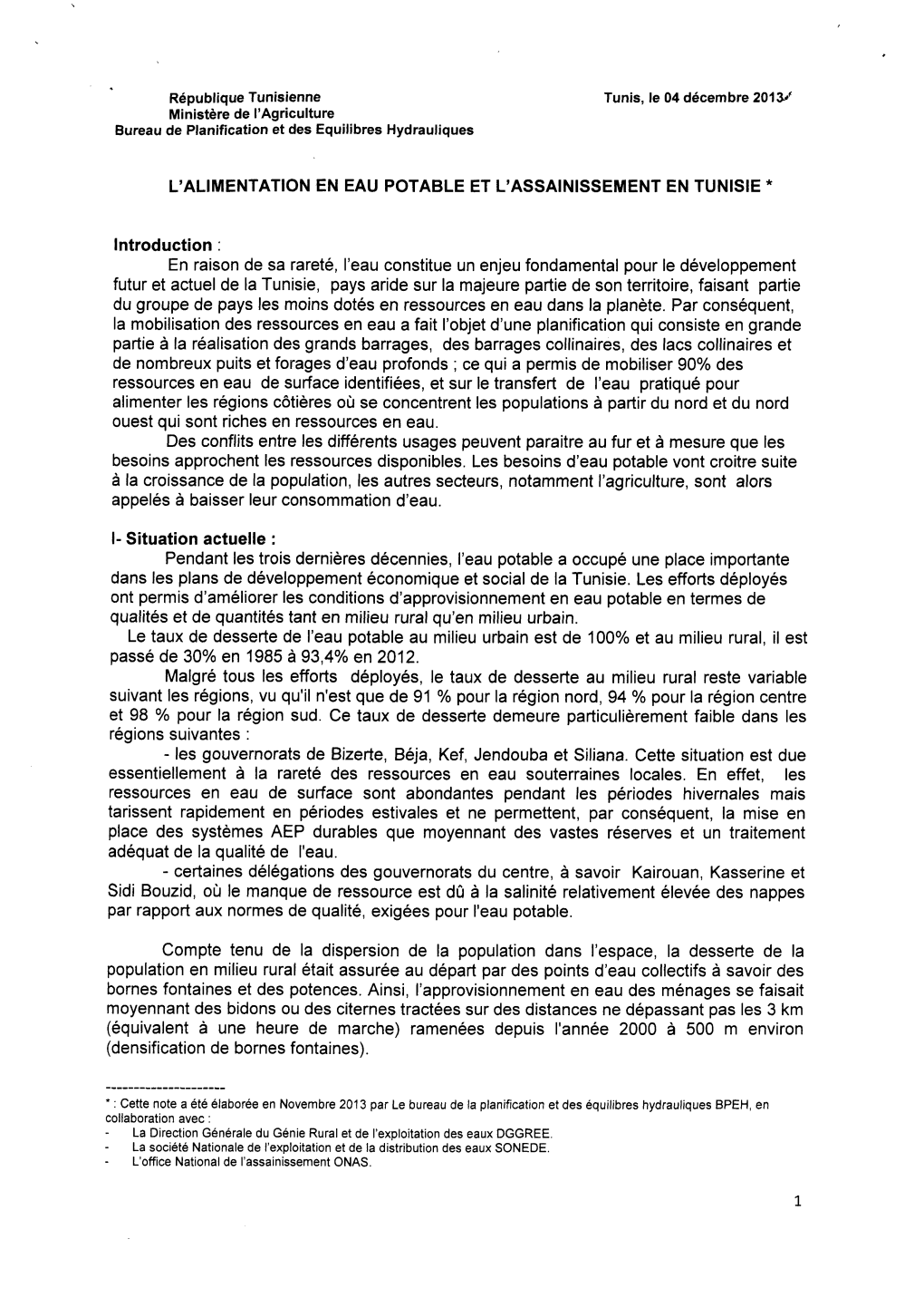 L'alimentation En Eau Potable Et L'assainissement En Tunisie