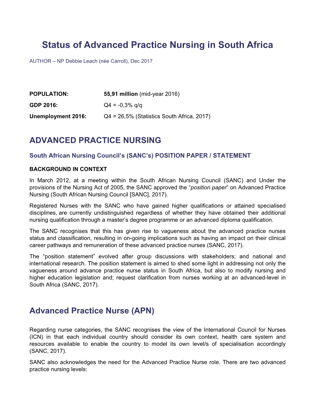 Status of Advanced Practice Nursing in South Africa