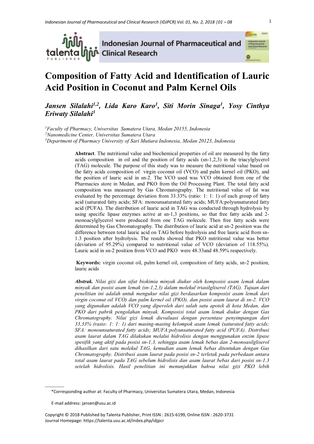 Composition of Fatty Acid and Identification of Lauric Acid Position in Coconut and Palm Kernel Oils