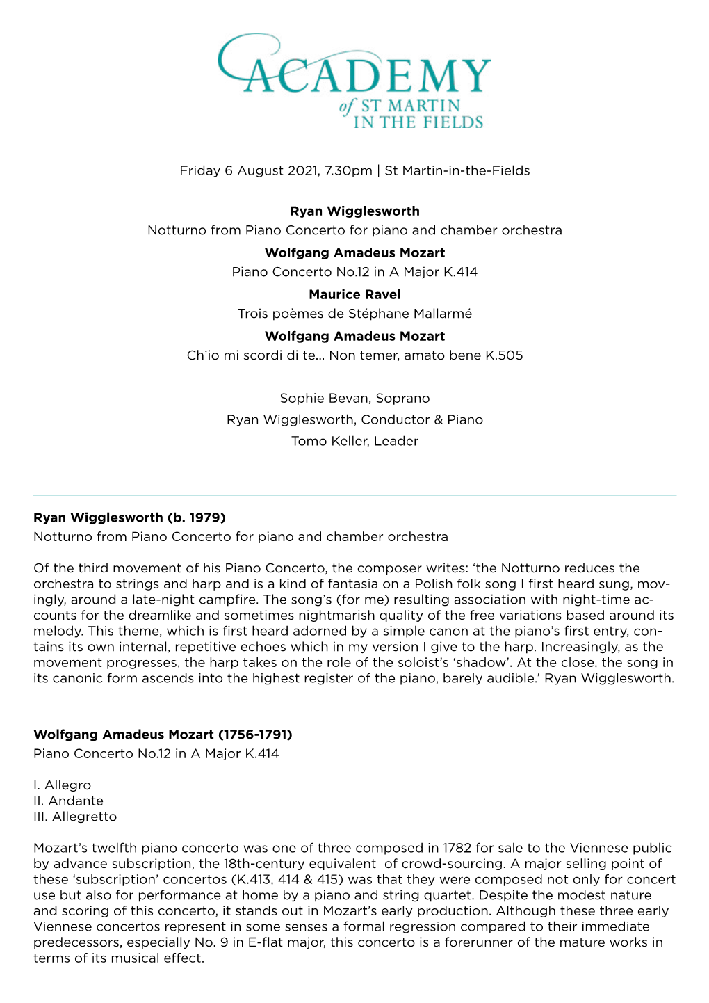 Friday 6 August 2021, 7.30Pm | St Martin-In-The-Fields Ryan Wigglesworth Notturno from Piano Concerto for Piano and Chamber Orch