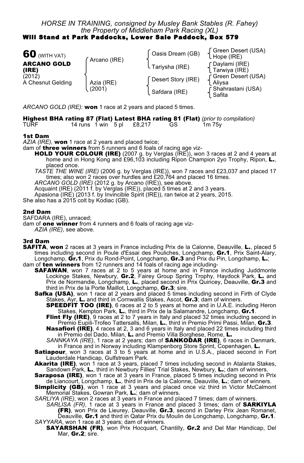 HORSE in TRAINING, Consigned by Musley Bank Stables (R. Fahey) the Property of Middleham Park Racing (XL) Will Stand at Park Paddocks, Lower Sale Paddock, Box 579