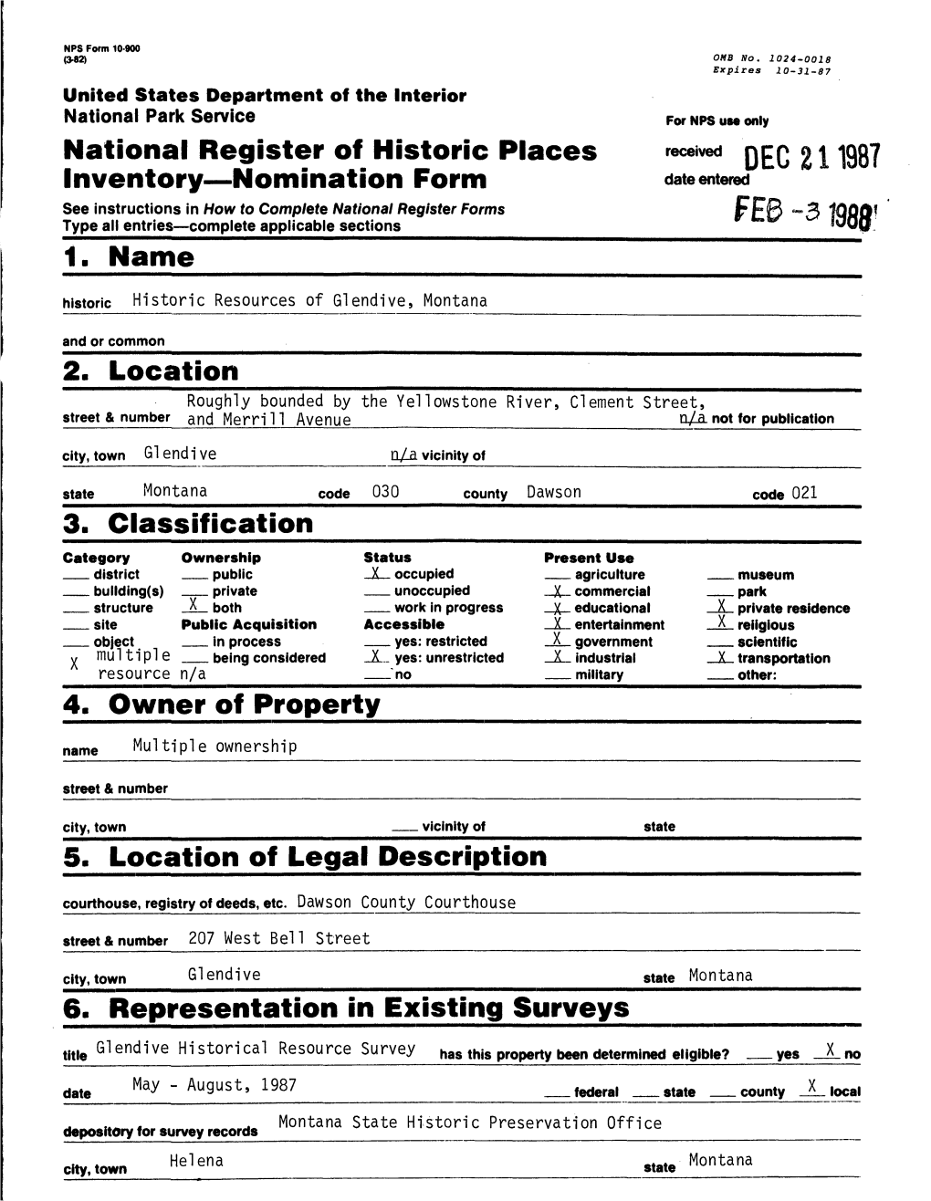 DEC 21198? Inventory Nomination Form Date Entered See Instructions in How to Complete National Register Forms Type All Entries Complete Applicable Sections______1