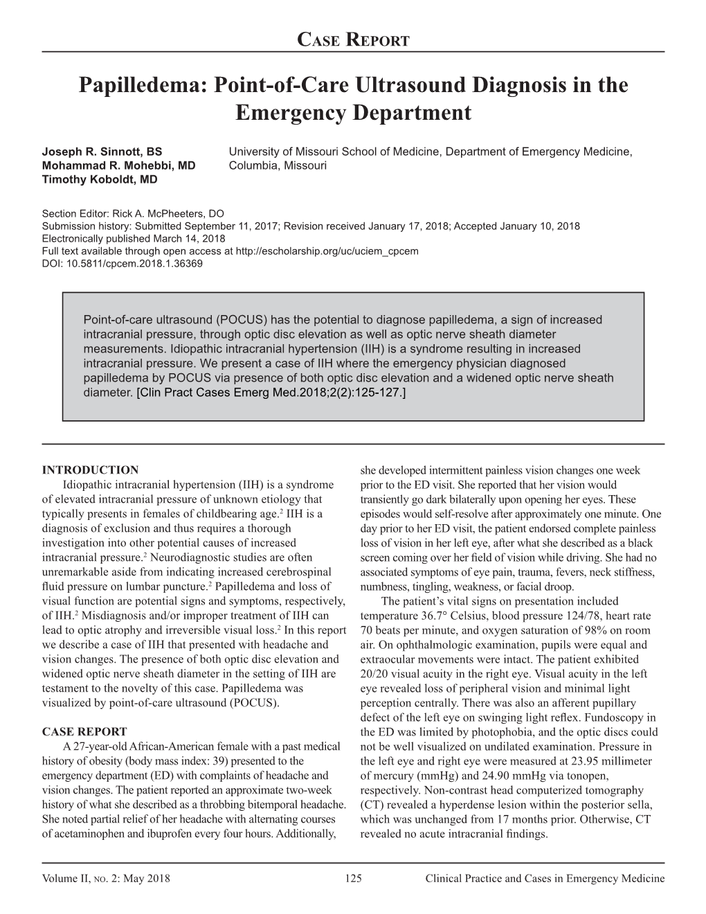 Papilledema: Point-Of-Care Ultrasound Diagnosis in the Emergency Department