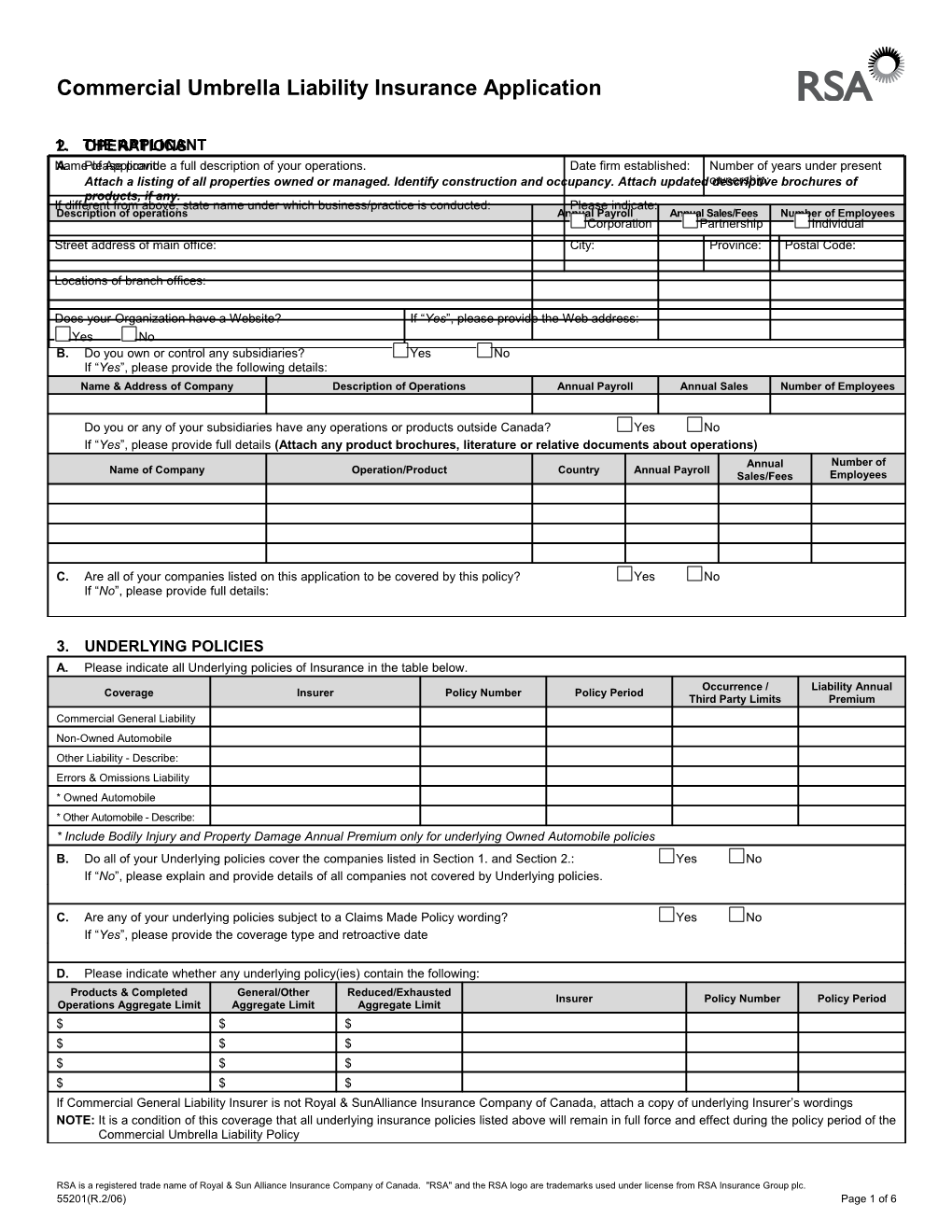 Commercial Umbrella Liability Insurance Application s1