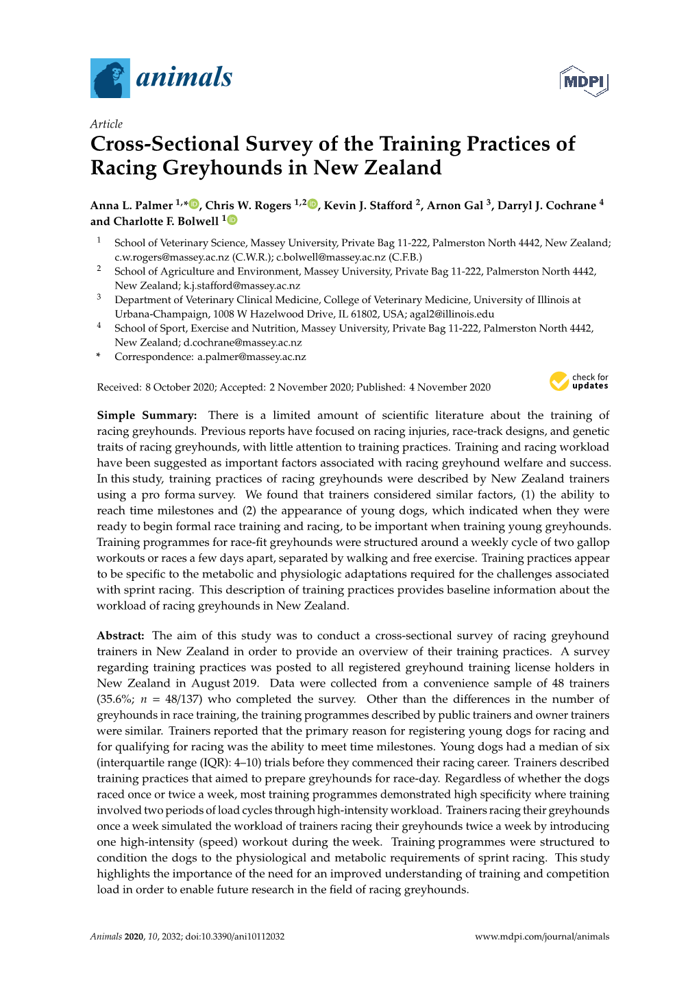 Cross-Sectional Survey of the Training Practices of Racing Greyhounds in New Zealand